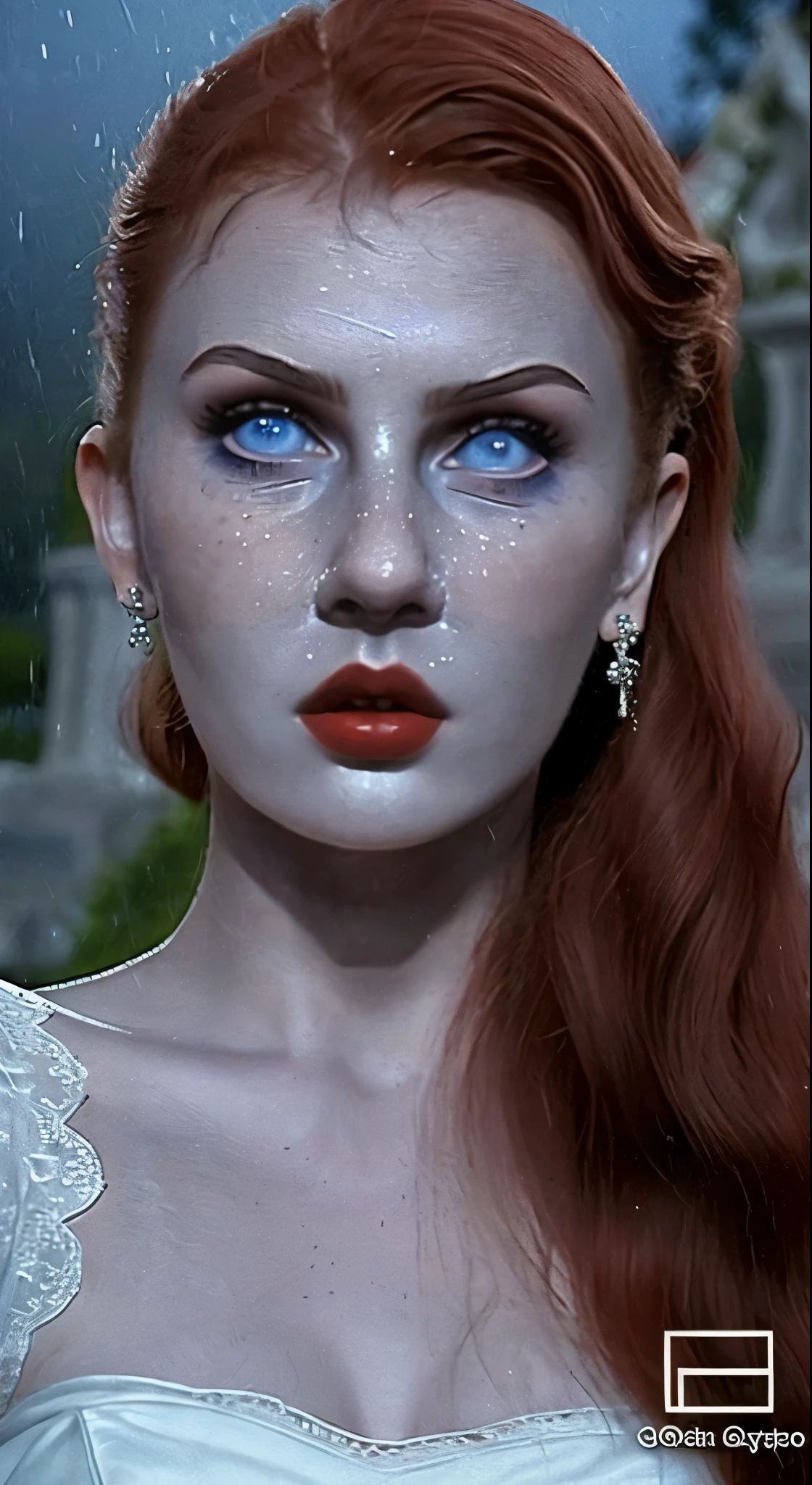 Mario Bava horror movie footage, Full Medium Close Up, Gorgeous 18-year-old woman who resembles Bella Thorne, Long Red Hair, Soft and white skin, Cute and young々Funny face, Well-defined eyebrows, Bright Blue Eyes, Delicate nose, Plump and round lips, Walking through a gothic cemetery at night in a white wedding dress, Foggy and rainy conditions, Ghostly atmosphere, 1600s, (High skin detail: 1.2), Very detailed, Photorealistic, Depth of written boundary, Cinema Lighting, IMAX Camera, High resolution, German Touring, Full HD, 8k