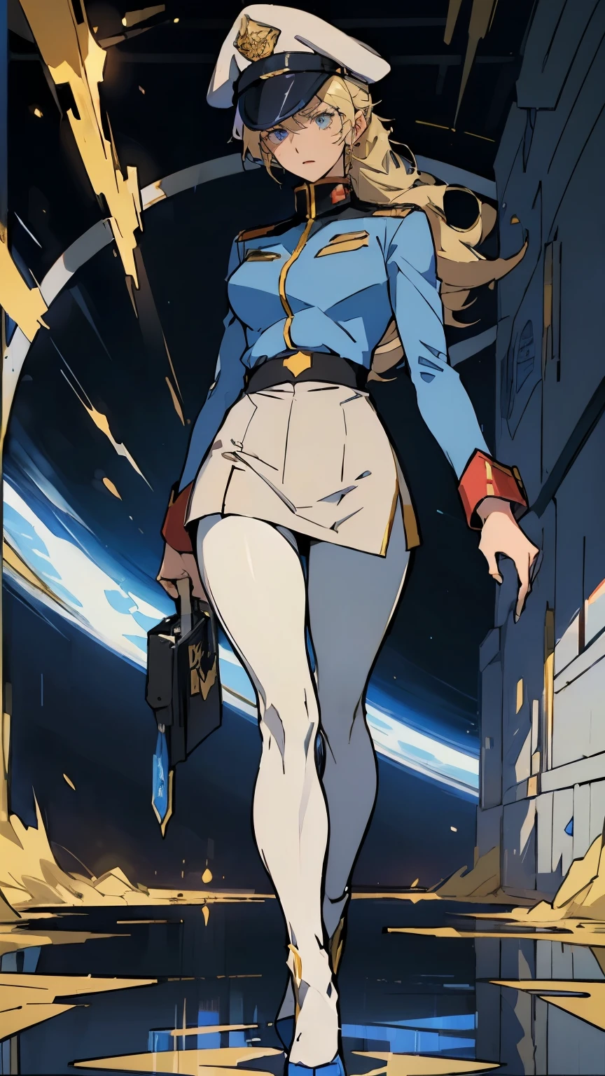 (((masterpiece,highest quality,In 8K,Super detailed,High resolution,anime style,absolutely))),(A female officer of the Earth Federation Forces is walking..:1.5),(alone:1.5), (Wearing a uniform of the Earth Federation Forces:1.5),(wearing an officer hat: 1.5),(Cute type of girl:1.4),(pretty face:1.4),(beautiful hands:1.4),(fine hands:1.2),(wallpaper:1.5),(whole body:1.5),((overlook:1.5)), ((25 year old girl, white tights)), (inside a spaceship), ((long legs))