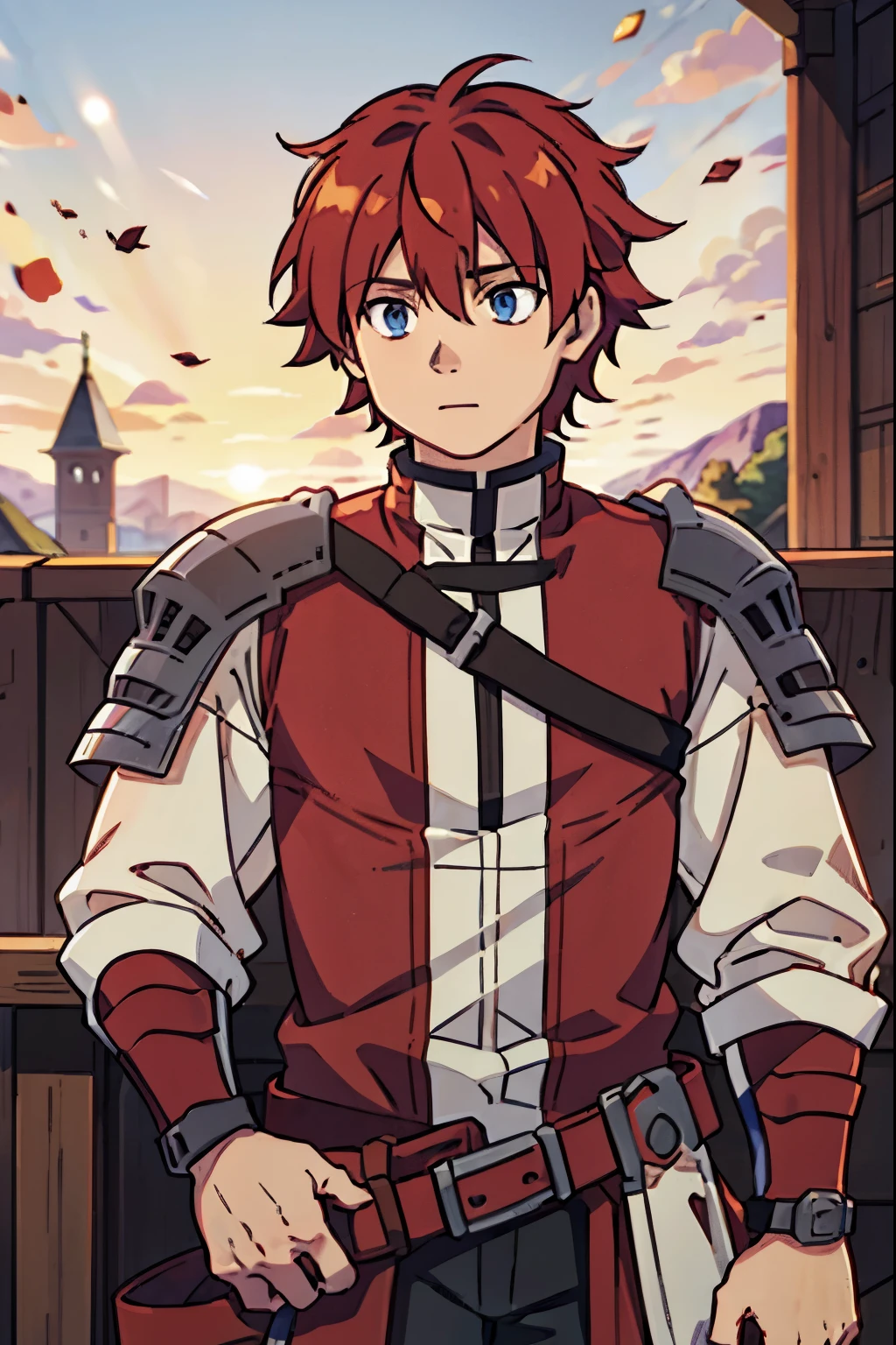 Large medieval kingdom in the background, old mature male, red hair, ginger hair, curly hair, blue eyes, bright eyes, 26 years old, tall, medieval armor, light armor, red armor, Mystical armor, Golden details on the armor, elsword style armor, Neutral face, cowboy shot, high resolution:1.2, best quality, master part, daylight, Reflection of lens, upper body shot