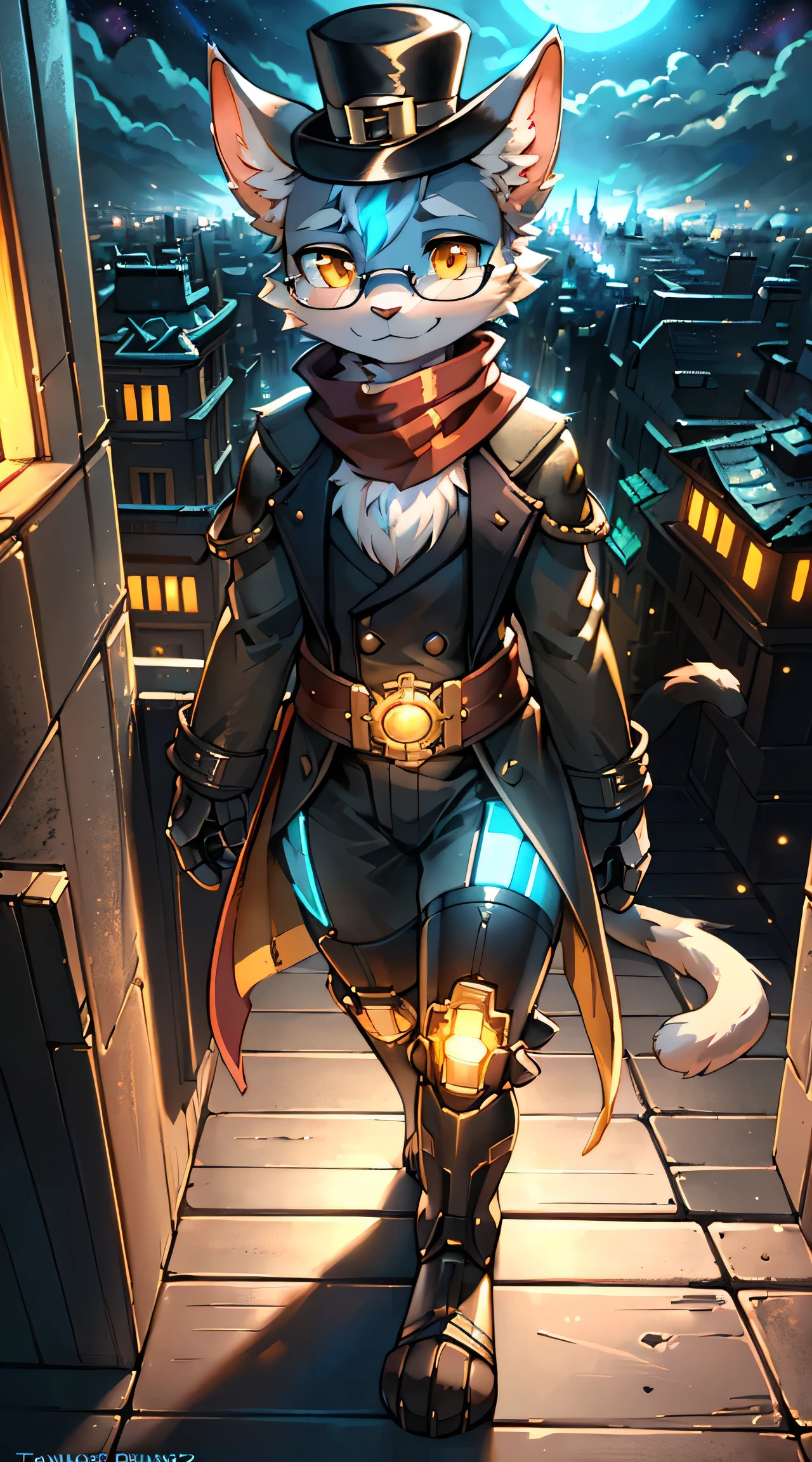 uploaded on e621, by Pixelsketcher, by Bayard Wu, by Thomas Benjamin Kennington, by Einshelm, solo anthro, ((Portrait)), ((a full body, anthropomorphic old adult cat with mechanical steel legs wearing steampunk long coat and a scarf, cute face , posing for a picture in a hill at night with a city in the far distance)), steampunk glasses and hat, (detailed Bonifasko lighting), Nature Purity, (Detailed fur), (detailed skin), BREAK, (hands on the waist), ((facing viewer)), (Cinematic lighting), ((Detailed background)), [Backlighting], [crepuscular ray], [Detailed ambient light], [gray natural lighting], [sharp-focus], (shaded), ((Masterpiece), furry fantasy art, anthro art, commission for high res, Furry art, pov furry art, Sakimichan is beautiful, Masterpiece, Best Quality, Detailed image, Bright colors, Detailed Face, perfect lighting, Perfect shadows, Perfect eyes, focus on character, flawless face, golden eyes, shiny body, feet focus, Fluffy, Body fur, Animal nose, toned fur, gaze at the viewer, full body, (Masterpiece:1.2), (Best Quality:1.2), (illustartion:1.2), (Cinematic lighting:1.3), Detailed fur, Balanced coloring, Global Illumination, Ray Tracing, good lighting, Furry, anthro, looking a viewer, fit body