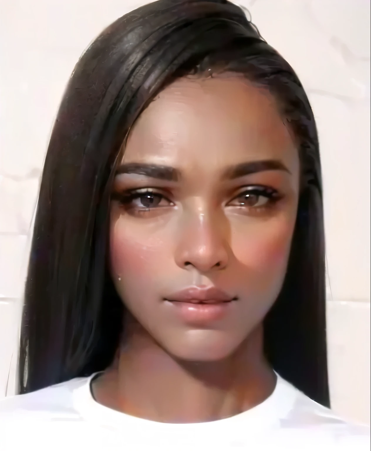 Quero montar um modelo cartoon, uma mulher @Lily Li com longos cabelos pretos e uma camisa branca, aduta 40 anos, pele escura, tom de pele preto escuro, pele escuraned, pele escura tone, pele marromned, with pele marrom, she has olive pele marrom, pele marrom. maquiagem leve, pele escura, very dark pele marrom!, tez escura, mulher adaulta negra