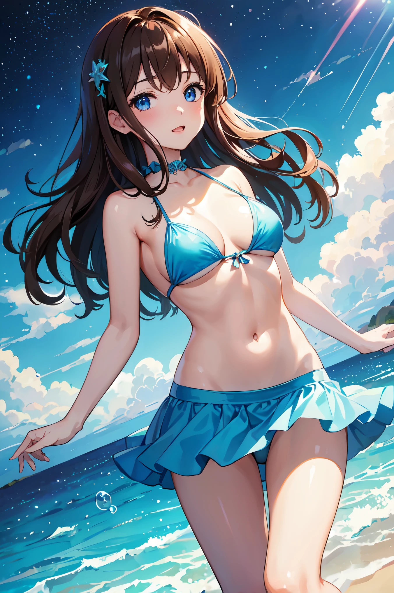 (((masterpiece、high resolution、high quality、Delicate、Ultra-high resolution、8k)))One female、Brown Hair、Curly Hair、Blue Eyes、Dense lips、Glowing Skin、Micro Bikini、BREAK,Ocean、beach、water droplets、Bubbles 🫧、night、Starry Sky、Milky Way、Cosmos