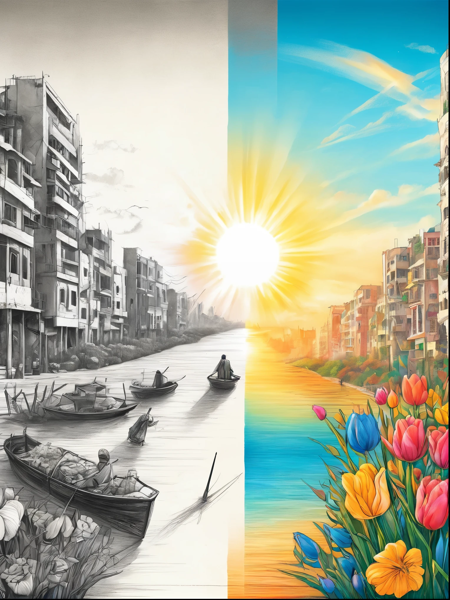 (The left half is a black and white line drawing of the war-torn city of Gaza:1.3), (On the right half is a beautiful and pleasant Israeli city with tall buildings, bright sunshine and bright colors:1.5), excellent quality, Detailed background, The art of math, ((The artwork should transition from a pencil drawing style in black and white on the left half to vibrant colors on the right half, Ensure a seamless integration between the two halves without any dividing line, with the left side featuring detailed black and white pencil strokes and the right side filled with colors, creating a harmonious blend across the image))