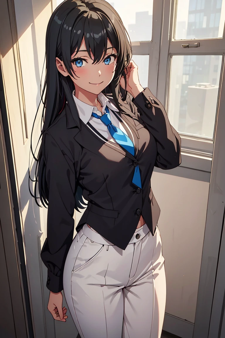 ((best quality)), ((masterpiece)), (detailed) 1girl 1girl, ;\), blurry, blurry_background, breasts, , hair_long , looking_at_viewer, ok_sign, one_eye_closed, open_hand, Yukinoshita Yukino ,Woman office clothes,  , 1girl, solo, blue necktie, Black hair, eyes blue, long hair, smile , collared shirt, white pants, white shirt , Stand in front of a window, soft thighs , full body