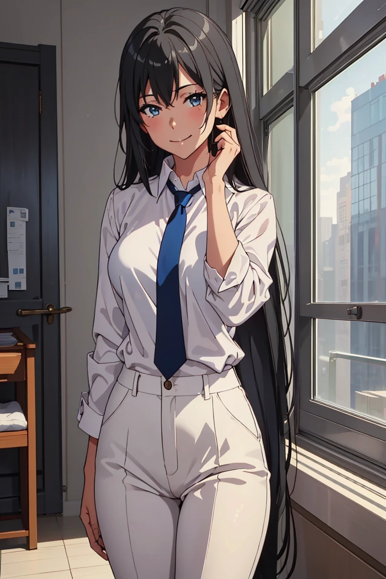 ((best quality)), ((masterpiece)), (detailed) 1girl 1girl, ;\), blurry, blurry_background, breasts, , hair_long , looking_at_viewer, ok_sign, one_eye_closed, open_hand, Yukinoshita Yukino ,Woman office clothes,  , 1girl, solo, blue necktie, Black hair, eyes blue, long hair, smile , collared shirt, white pants, white shirt , Stand in front of a window, soft thighs , full body