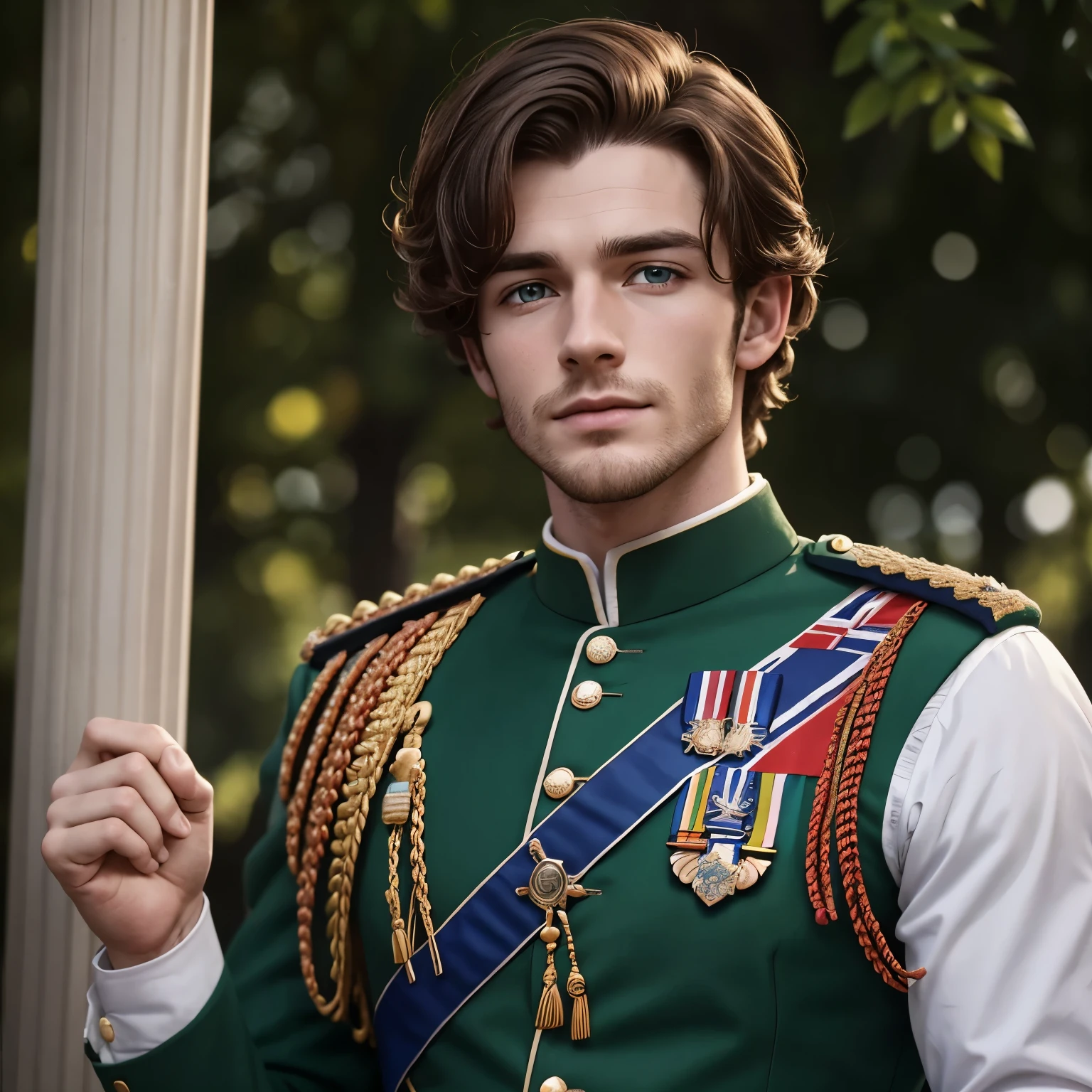 A British man with Irish descent, de 24 anos, cabelo com um corte curto, loiro escuro, pele clara e com sardas, sem barba, com olhos um pouco amendoados e verdes. He wears a British military uniform and is very handsome, has a charming appearance, youthful and with fine features.