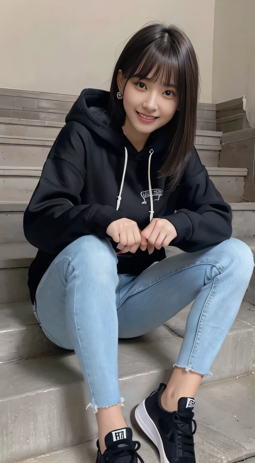 highest quality, Realistic, Very detailed, Finer details, High resolution, 8k wallpaper, One beautiful woman,Sit on the stairs、(Wear black socks)smile、(Beautiful teeth alignment、)(Gums are visible) Oversized hoodie, Skinny jeans,( Black sneakers)、Black Hair、 Beautiful Bangs、ear piercing、Perfect dynamic composition, Beautiful and detailed, Full Body Shot, A big smile