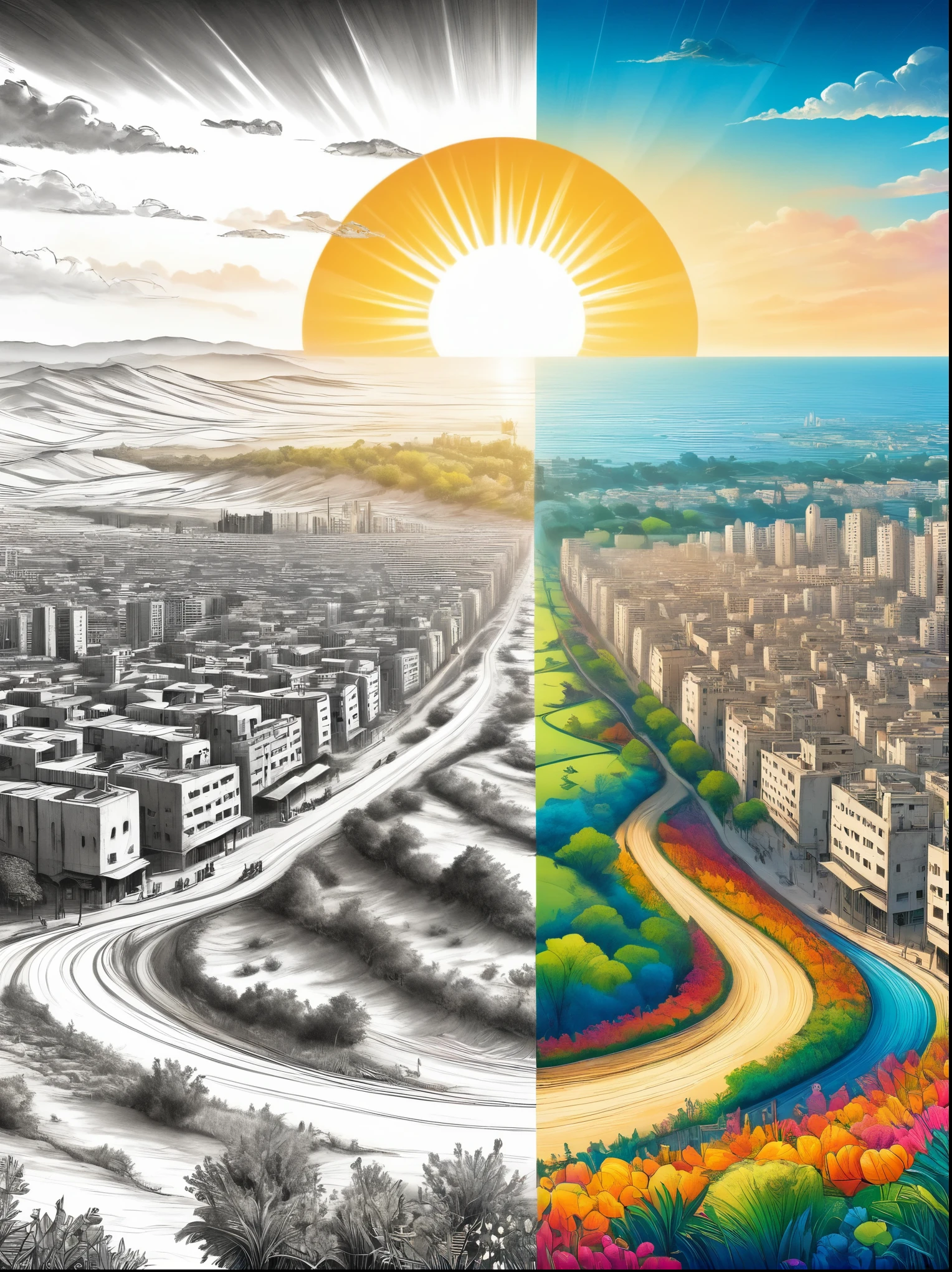 (The left half is a black and white line drawing of the war-torn city of Gaza:1.3), (On the right half is a beautiful and pleasant Israeli city with tall buildings, bright sunshine and bright colors:1.5), excellent quality, Detailed background, The art of math, The work should present different styles on the left and right sides，Sketched in black and white on the left，The right side is presented in bright colors，The left side shows the details with fine line strokes，The right side is filled with rich colors.，The overall effect created in the entire picture，The styles on both sides blend naturally，No separator line required