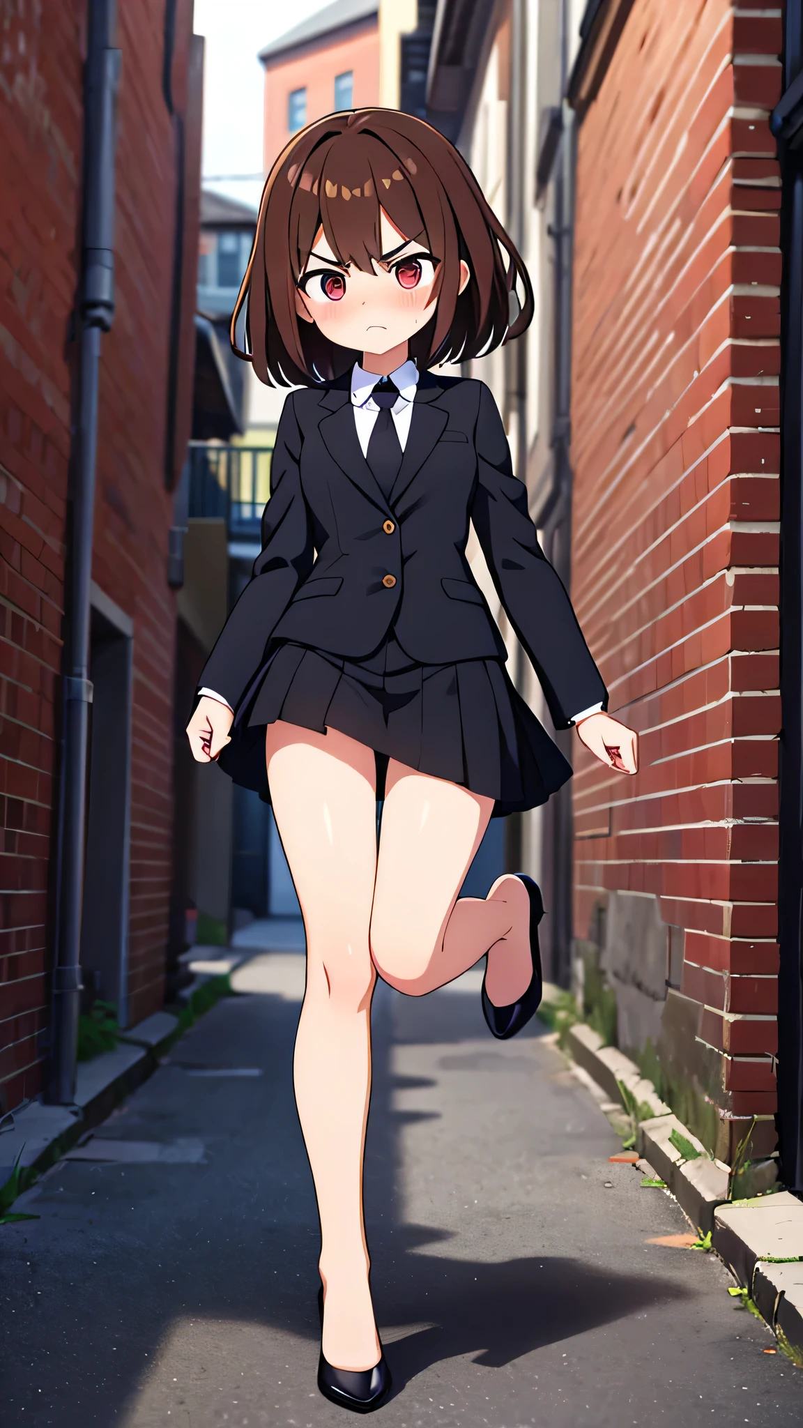 masterpiece、highest quality),Brown Hair,girl,Are standing,Lean your body forward a little,Back Alley,In a suit,OL,Woman with an angry face,Blushing,Slender women, A woman wearing plain black pumps,Bare feet and pumps,Straight Skirt,Recruitment suits,Open collar,open,I'm about to fall