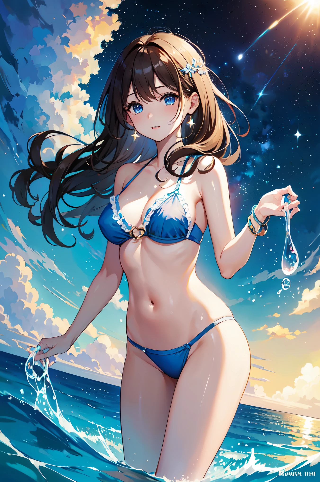 1girl, long hair, middle part, bangs, brown hair, wavy hair, green eyes, star shaped pupils, score_9, score_8_up, score_7_up, best quality, amazing quality, very aesthetic, absurdres, micro bikini, gold bikini, wet, dripping water, front view 