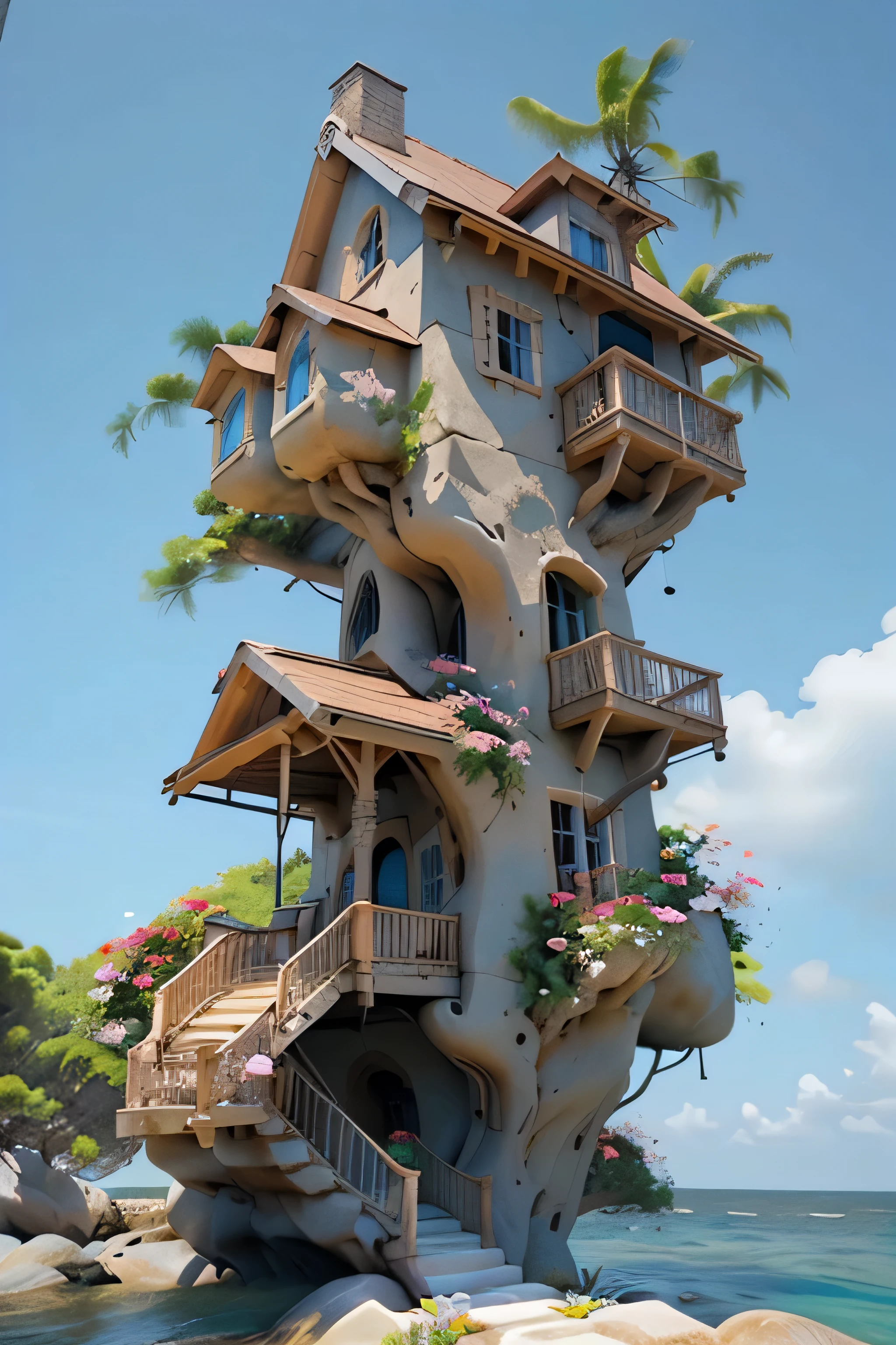Perfection The Coolest tree house on a large rock in the middle of the sea with flowers in front of the house and trees on both sides of the house