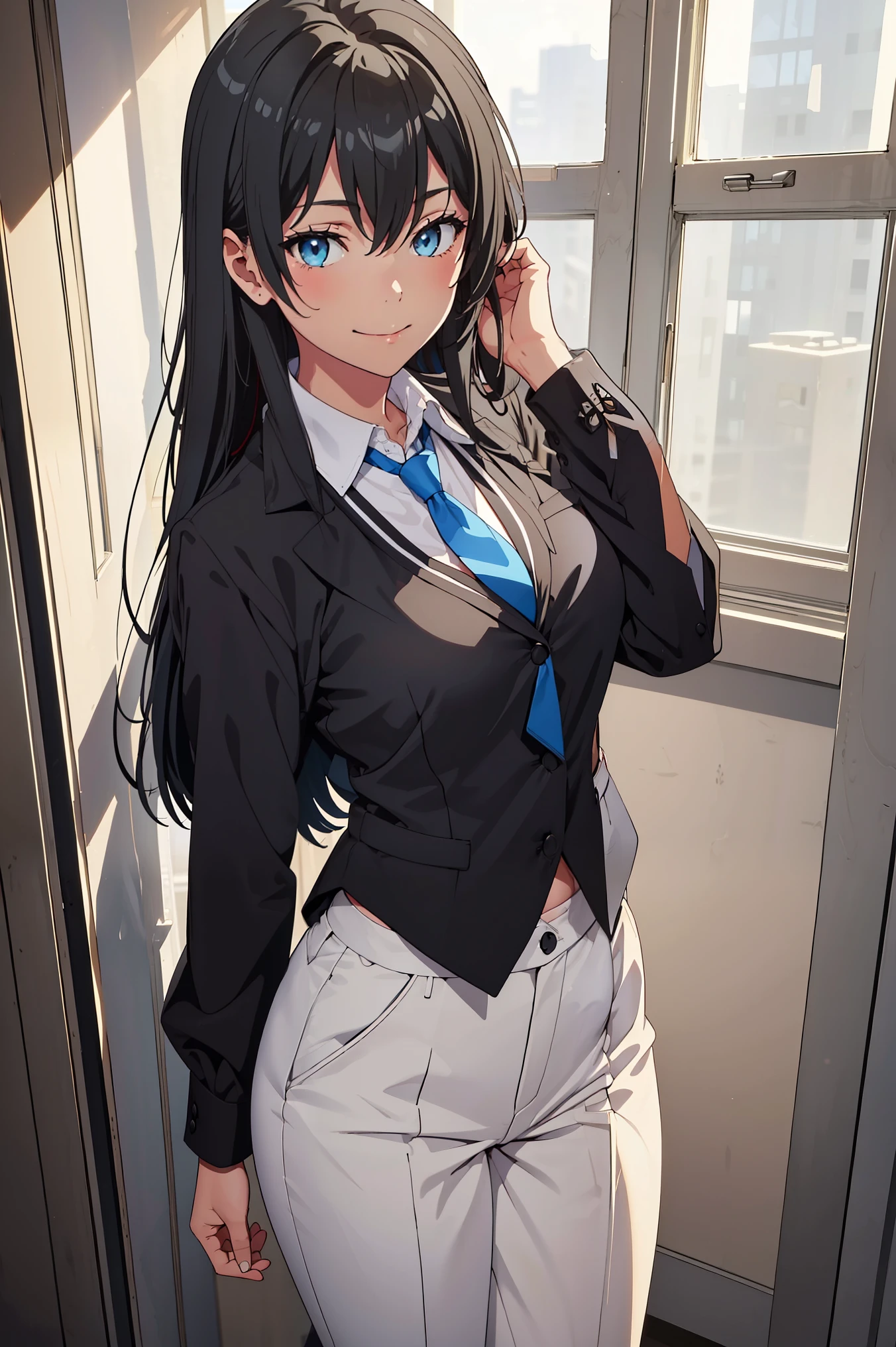 ((best quality)), ((masterpiece)), (detailed) 1girl 1girl, ;\), blurry, blurry_background, breasts, , hair_long , looking_at_viewer, ok_sign, one_eye_closed, open_hand, Yukinoshita Yukino ,Woman office clothes,  , 1girl, solo, blue necktie, Black hair, eyes blue, long hair, smile , collared shirt, white pants, white shirt , Stand in front of a window, soft thighs , full body