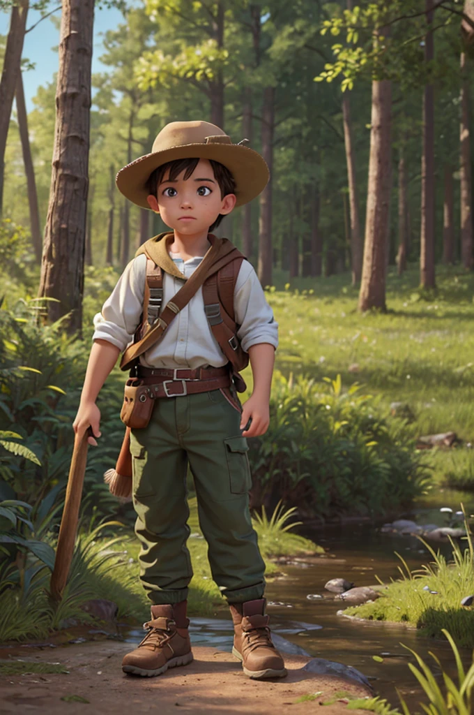 (High quality, 4K, HDR) 1  boy, adventurer, hat, trail clothes, brave adventurer, beautiful colors in the sky, birds in the background, animal, harmonious forest on a large scale, pants. (masterpiece, ultra realistic professional lighting, ultra thin 8K, fine texture of detailed background, sharp face with perfect strokes.