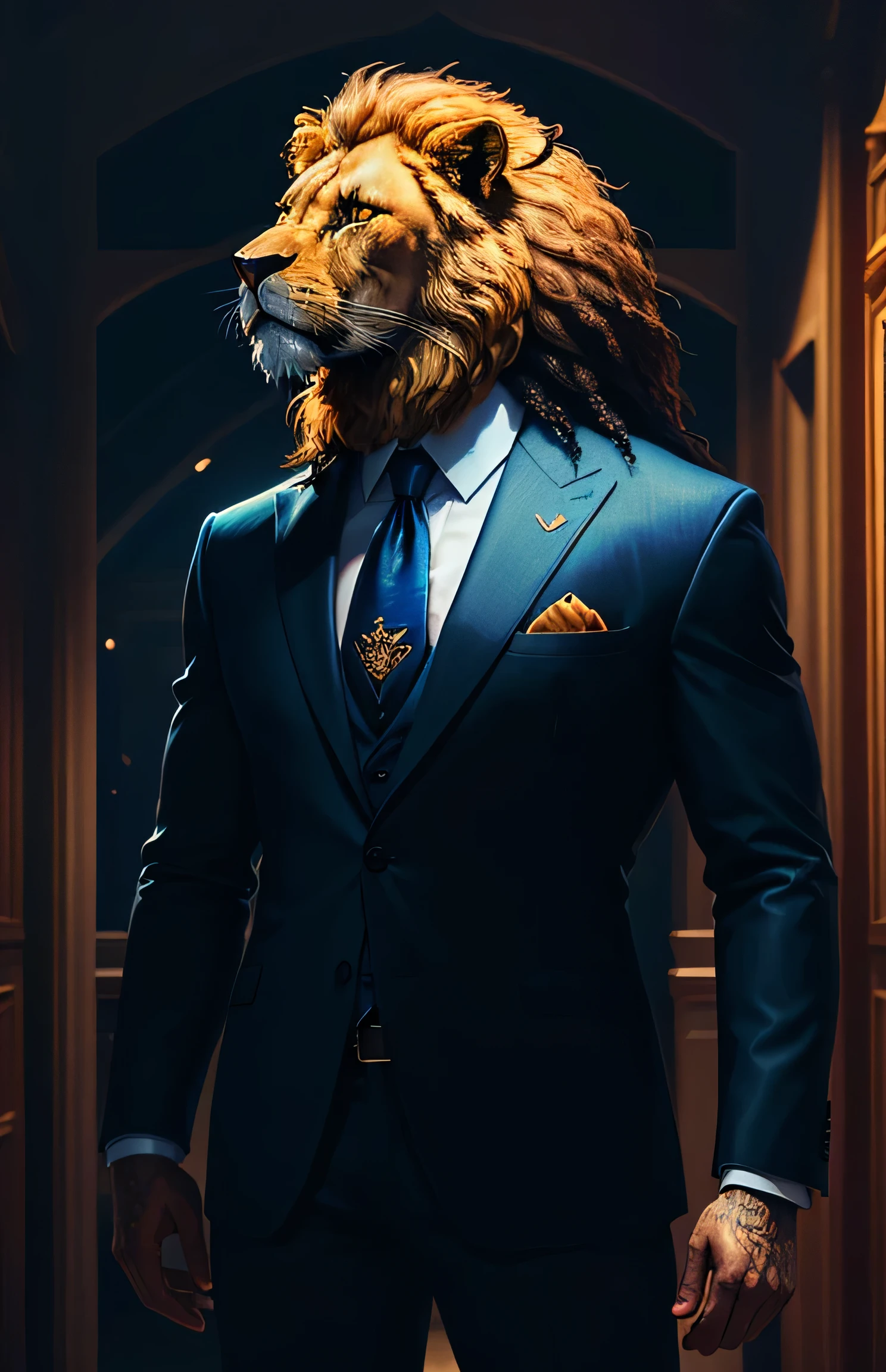 arafed image of a man in a suit with a lion mask, ceo, epic and classy portrait, luxurious suit, portrait of a lion, serious business, using dead lion costume jacket, 3d full body lion, lion, detailed portrait shot, lion head, half lion, handsome stunning realistic, stunning digital illustration, masterpiece, ultra HD, detailed face, 4k resolution
