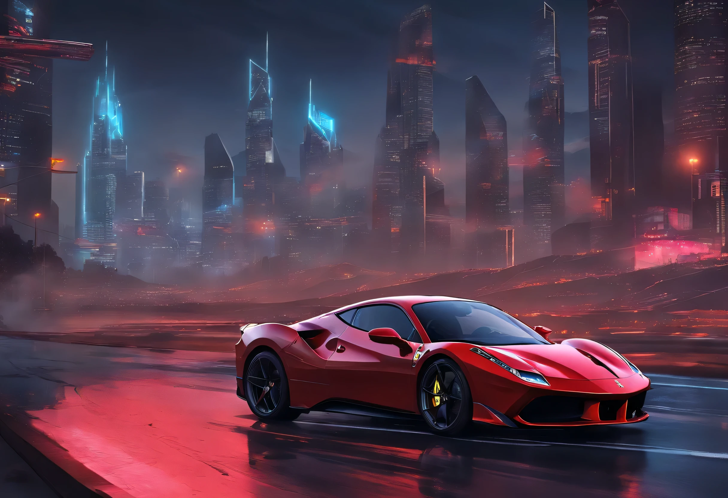 (Best quality, 8K, Masterpiece :1.2), Excessive realism, Cyberpunk, In Mt, Detailed red Ferrari 488, Speed on the highway, (Facing the audience), Blue skyscraper in the background, At night,