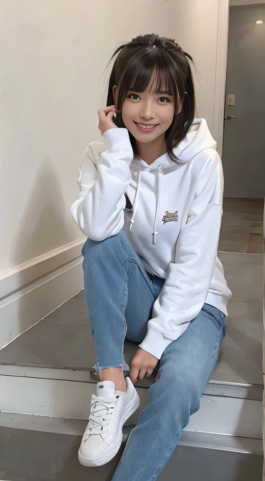 highest quality, Realistic, Very detailed, Finer details, High resolution, 8k wallpaper, One beautiful woman,Sit on the stairs、(Wear black socks)smile、(Beautiful teeth alignment、)(Gums are visible) Oversized hoodie, Skinny jeans,( Black sneakers)、Black Hair、 Beautiful Bangs、ear piercing、Perfect dynamic composition, Beautiful and detailed, Full Body Shot, A big smile