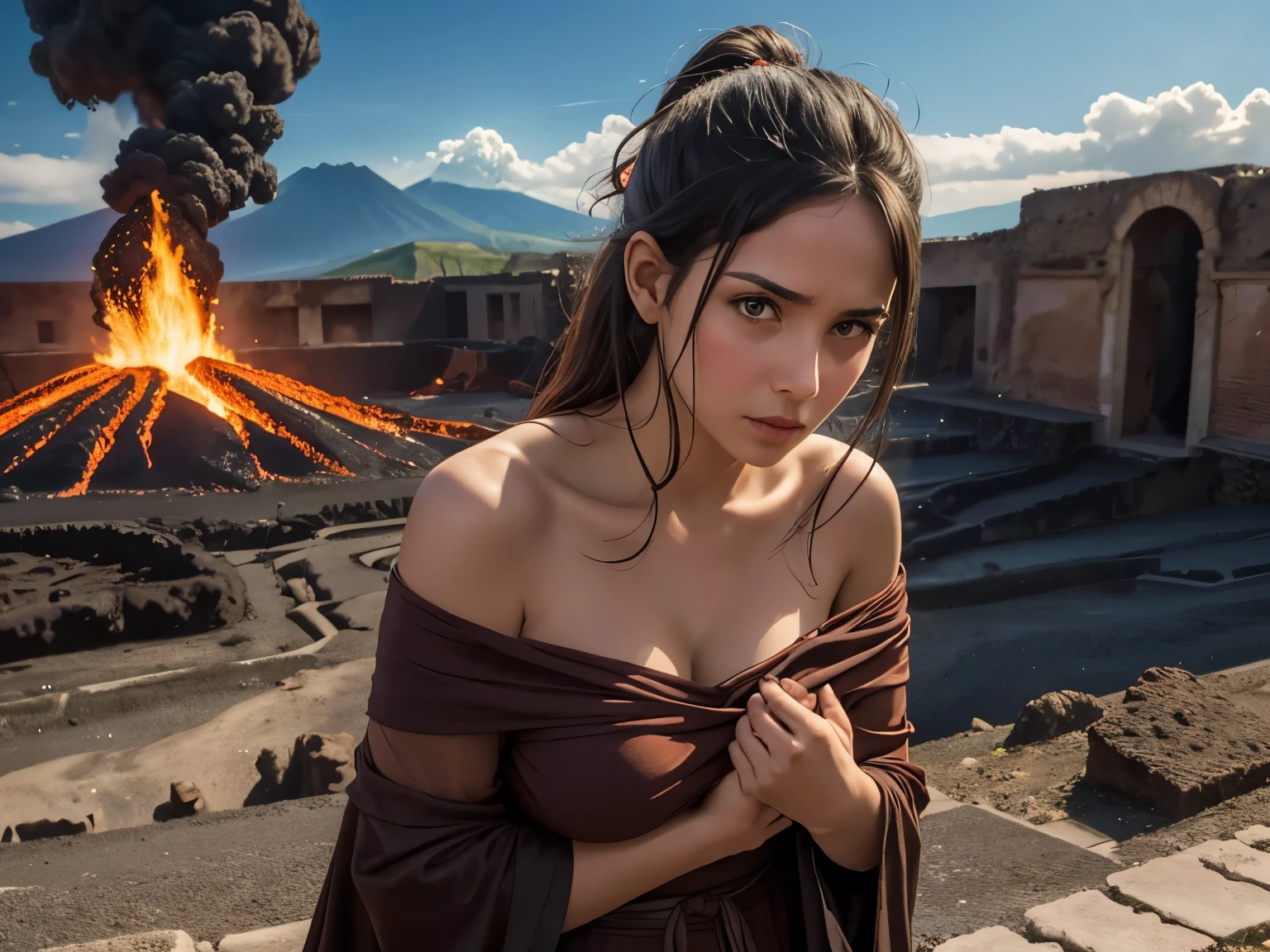 Pompeii，Beautiful girl facing volcanic lava,Looking at the volcano，Frightened expression，Clothes slipping off，Off-shoulder