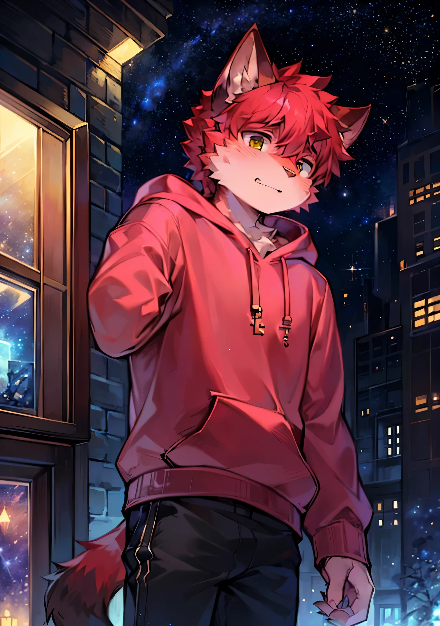 (, Sky, galaxy, Starry_Sky_Print), male_key point,Broken black cube,hairy, 1 boy,solitary,  (detailed_background,amazing_background),Red fur,  Cat Boy,  Pink hoodie, Cat&#39;s Tail,(Many Tails), Blood red eyes, Red hair,detailed face,detailed eyes,Head tilt, from the side, SFW,