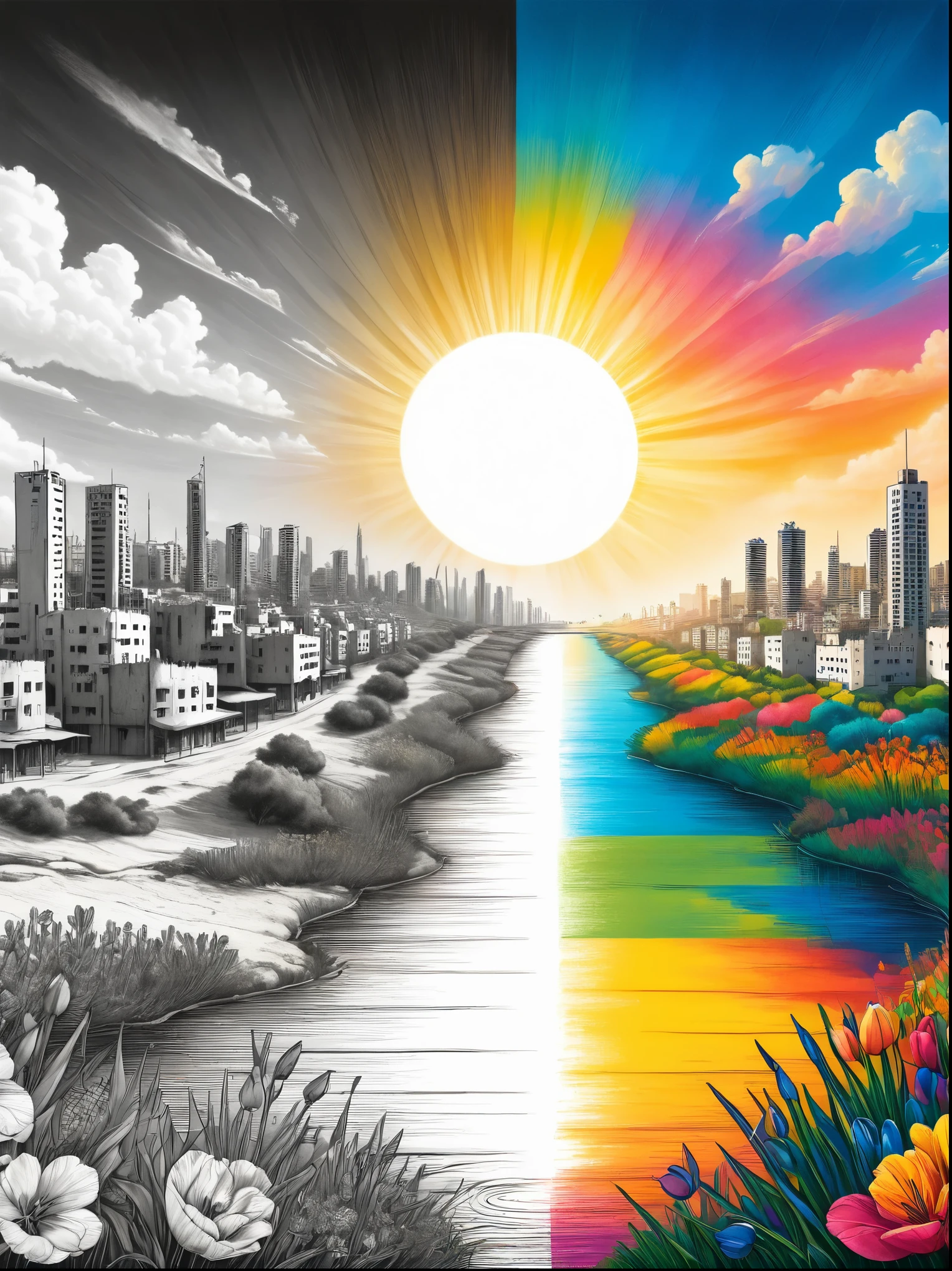 (The left half is a black and white line drawing of the war-torn city of Gaza:1.3), (On the right half is a beautiful and pleasant Israeli city with tall buildings, bright sunshine and bright colors:1.5), excellent quality, Detailed background, The art of math, ((The artwork should transition from a pencil drawing style in black and white on the left half to vibrant colors on the right half, Ensure a seamless integration between the two halves without any dividing line, with the left side featuring detailed black and white pencil strokes and the right side filled with colors, creating a harmonious blend across the image))