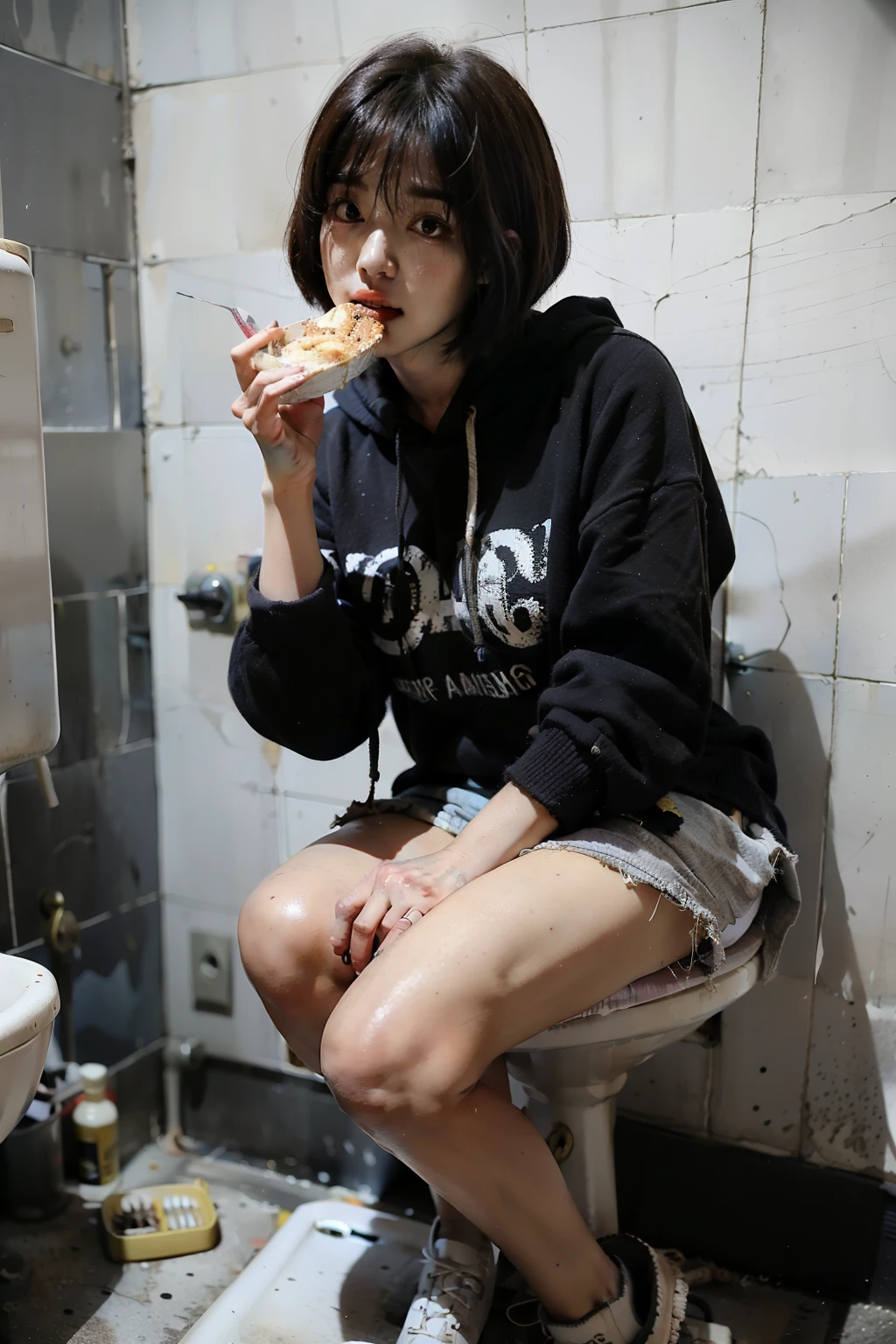 Wearing a black tattered hoodie、18 year old young Korean transgender with black bob cut eating with spoon in dirty toilet。She is sitting on the toilet。(Ultra-realistic), (figure), (High resolution), (8k), (Very detailed), (Best figure), (Beautiful fine details), (highest quality), (Super detailed), (masterpiece), (wallpaper), (Detailed face),8k