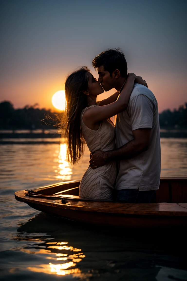 Beneath the soft glow of the moonlight, an Indian couple kisses tenderly on a traditional wooden boat floating along the serene Ganges river, the reflections on the water's surface shimmering like liquid silver, a sense of tranquility and spirituality fills the air, Sculpture, carved from marble with intricate details, capturing the ethereal beauty of the moment, 