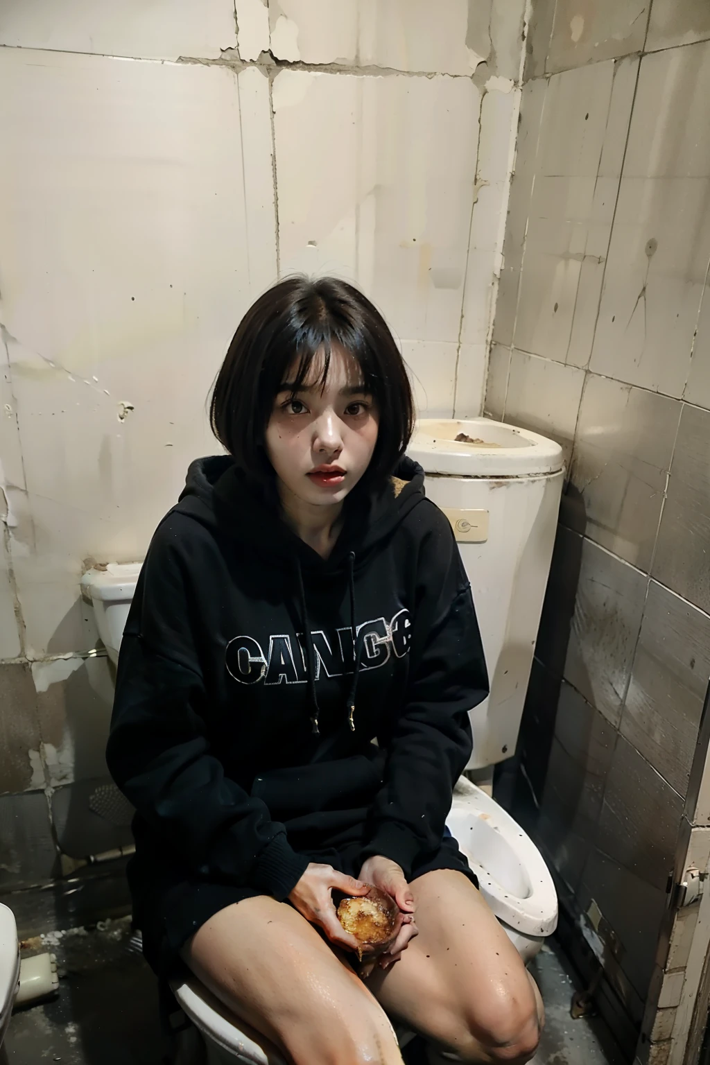 Wearing a black tattered hoodie、18 year old young Korean transgender with black bob cut eating with spoon in dirty toilet。She is sitting on the toilet。(Ultra-realistic), (figure), (High resolution), (8k), (Very detailed), (Best figure), (Beautiful fine details), (highest quality), (Super detailed), (masterpiece), (wallpaper), (Detailed face),8k