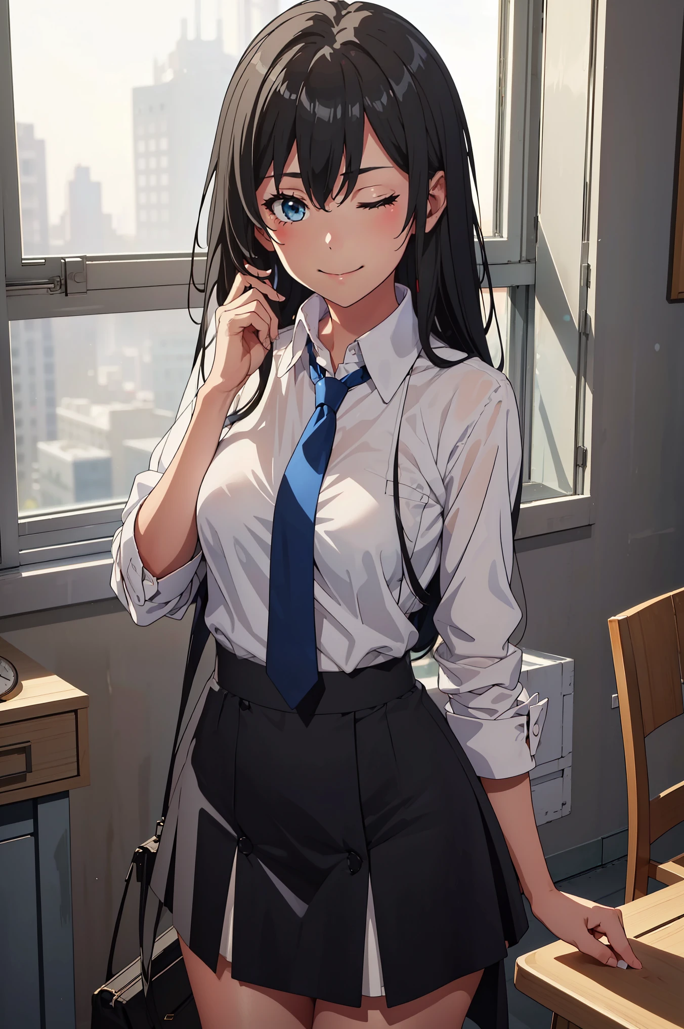 ((best quality)), ((masterpiece)), (detailed) 1girl 1girl, ;\), blurry, blurry_background, breasts, , hair_long , looking_at_viewer, ok_sign, one_eye_closed, open_hand, Yukinoshita Yukino ,Woman wearing office clothes, 1girl, solo, blue necktie, Black hair, eyes blue, long hair, smile , collared shirt, white skirt, white shirt , Stand in front of a window, soft thighs , full body