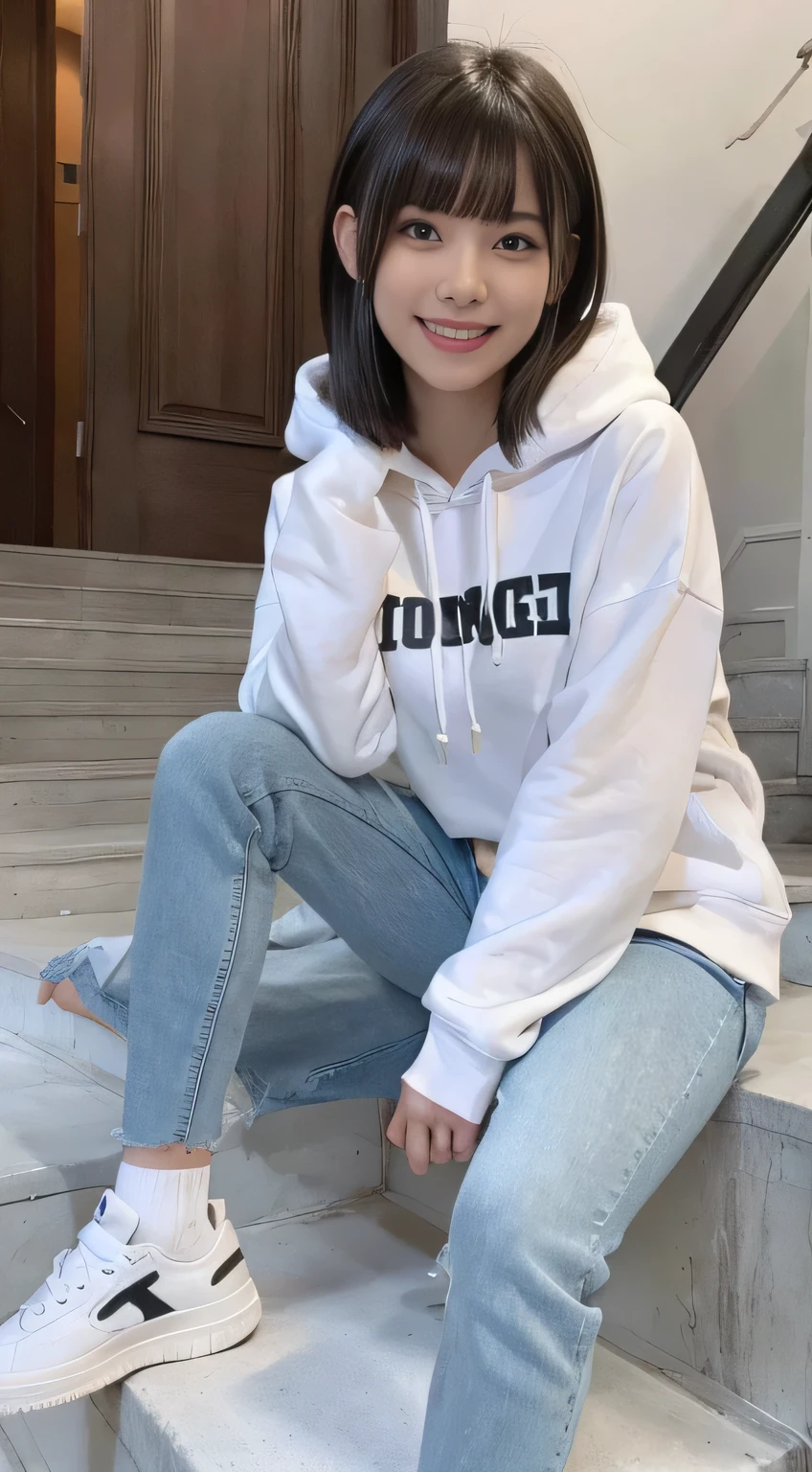 highest quality, Realistic, Very detailed, Finer details, High resolution, 8k wallpaper, One beautiful woman,Sit on the stairs、(Wear black socks)smile、(Beautiful teeth alignment、)(Gums are visible) Oversized hoodie, Skinny jeans,( Black sneakers)、Black Hair、 Beautiful Bangs、ear piercing、Perfect dynamic composition, Beautiful and detailed, Full Body Shot, A big smile