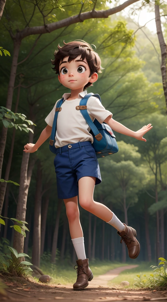 A Jornada dos Pequenos Exploradores: a little boy with a white mushroom head jumping in the forest, com uma pequena mochila azul nas costas, sem camisa, bermuda branca, bota de trilha branca