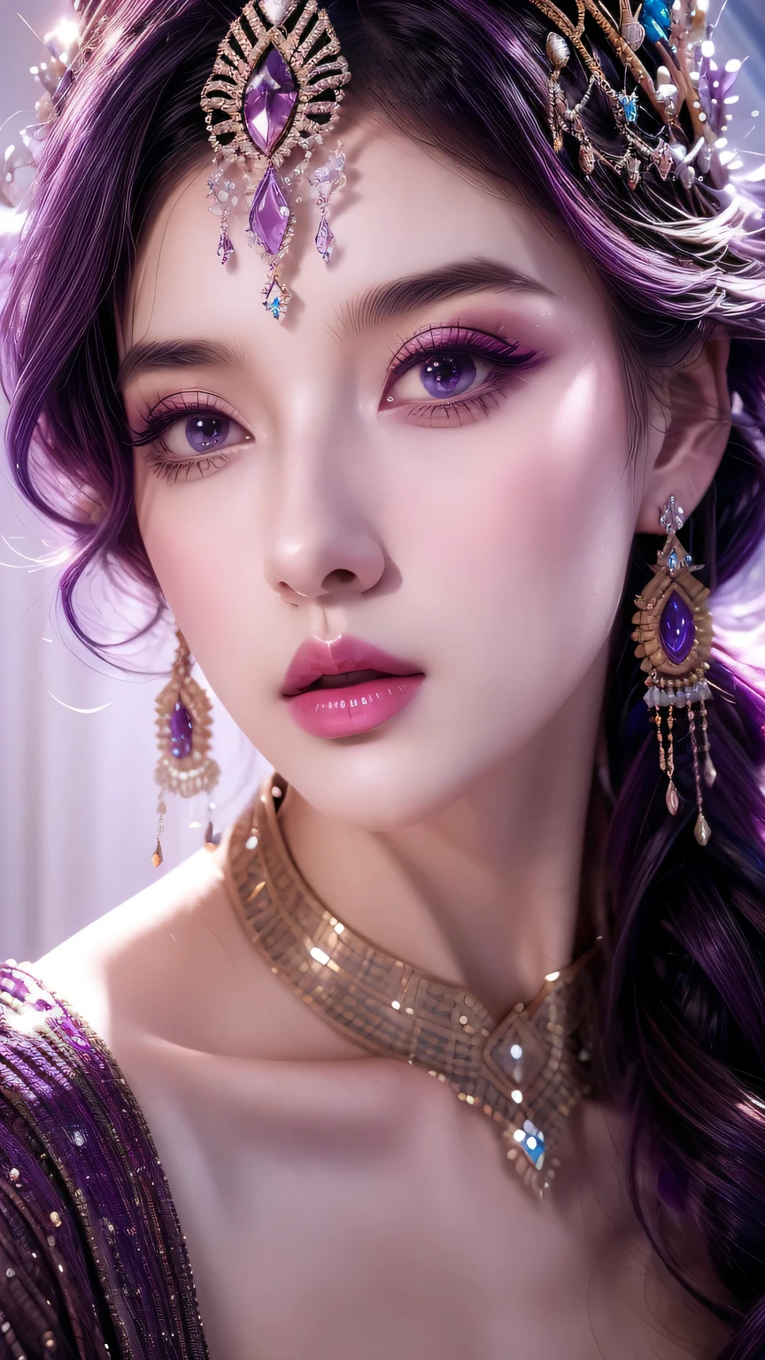 Purple-haired woman (Wearing a crown), (octane, Houdini, Visual effects, Make, detailed, 4K ), author: samdoesarts,