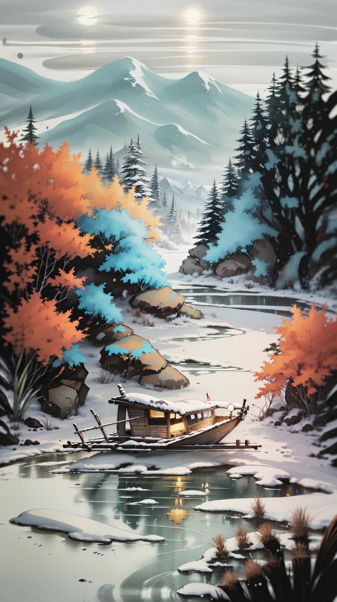 high quality, masterpiece:1.2, snowy night scenery with a lotus, pond with a boat, night scenery with a boat on dark water, snowflake, lake surface, lotus flower, beautiful night scenery, vast sky and continuous mountains with steep cliffs, ink painting style, outline light, atmospheric, depth of field, rising mist, trees, stone pavilion, flowing waterfalls, large full moon, dark colors, hatred