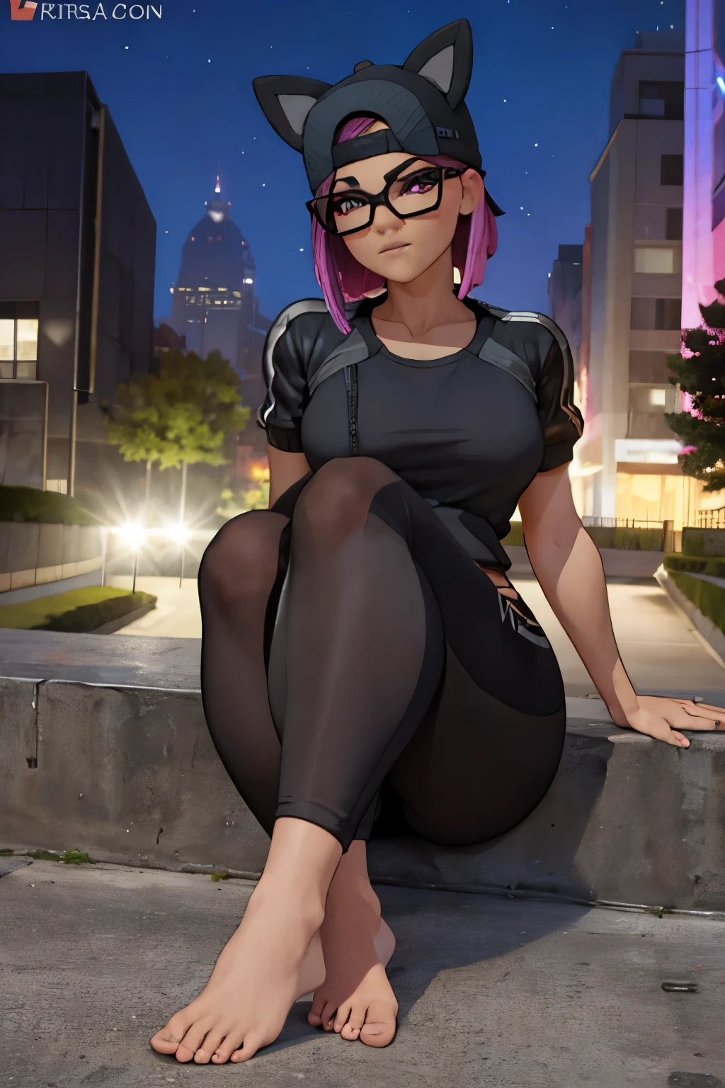 lince sentada en el borde de una ventana noche, leggins negro, gorra ,playera negra, chaqueta azul , feet ,Extremadamente detallado, rostro detallado, gafas ,hermoso rostro, ojos finos, mirando al espectador, pose femenino
