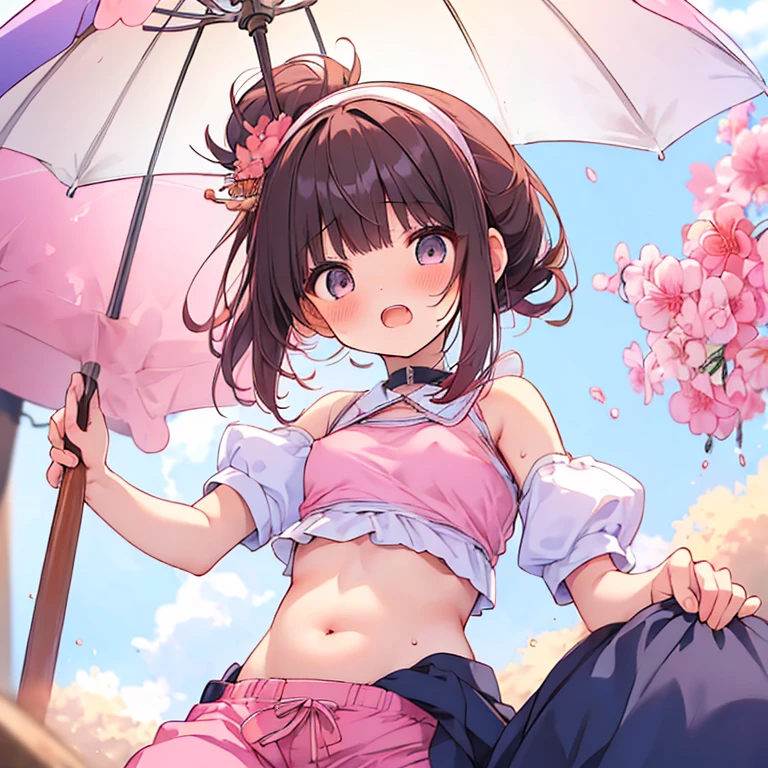 ((日本人のgirl1人、aldult)), ( small)), Black Hair、Brown Hair、masterpiece, 最high quality, high quality, Highly detailed 8K wallpapers,Beach parasol、Pink Hair、Tropics、Extreme heat、Heavy breathing、breathe、Sweat、Head ornament、cute girls、Cute Maid、Bold Pose、(Open your mouth、Small double tooth)、Big nipples、Waiting for orders、No fixes、Wave、(girl、classmate、Squid Belly、Wearing pink)、（No underwear）、Beautiful flat breasts、（激しいSweat）、(Saliva volume:1.4）、(Elementary school girl、Cute belly、Before menarche、Abdominal distention、Cute Pants）、（stroking the stomach:2）、(A comfortable face、Beautiful Face）、（serving）、（Trembling in the lower back:2）、Life-size、In front of the camera、Walk with your feet together