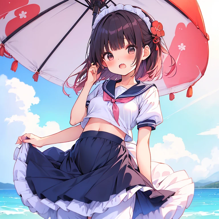 ((日本人のgirl1人、aldult)), ( small)), Black Hair、Brown Hair、masterpiece, 最high quality, high quality, Highly detailed 8K wallpapers,Beach parasol、Pink Hair、Tropics、Extreme heat、Heavy breathing、breathe、Sweat、Head ornament、cute girls、Cute Maid、Bold Pose、(Open your mouth、Small double tooth)、Big nipples、Waiting for orders、No fixes、Wave、(girl、classmate、Squid Belly、Wearing pink)、（No underwear）、Beautiful flat breasts、（激しいSweat）、(Saliva volume:1.4）、(Elementary school girl、Cute belly、Before menarche、Abdominal distention、Cute Pants）、（stroking the stomach:2）、(A comfortable face、Beautiful Face）、（serving）、（Trembling in the lower back:2）、Life-size、In front of the camera、Walk with your feet together