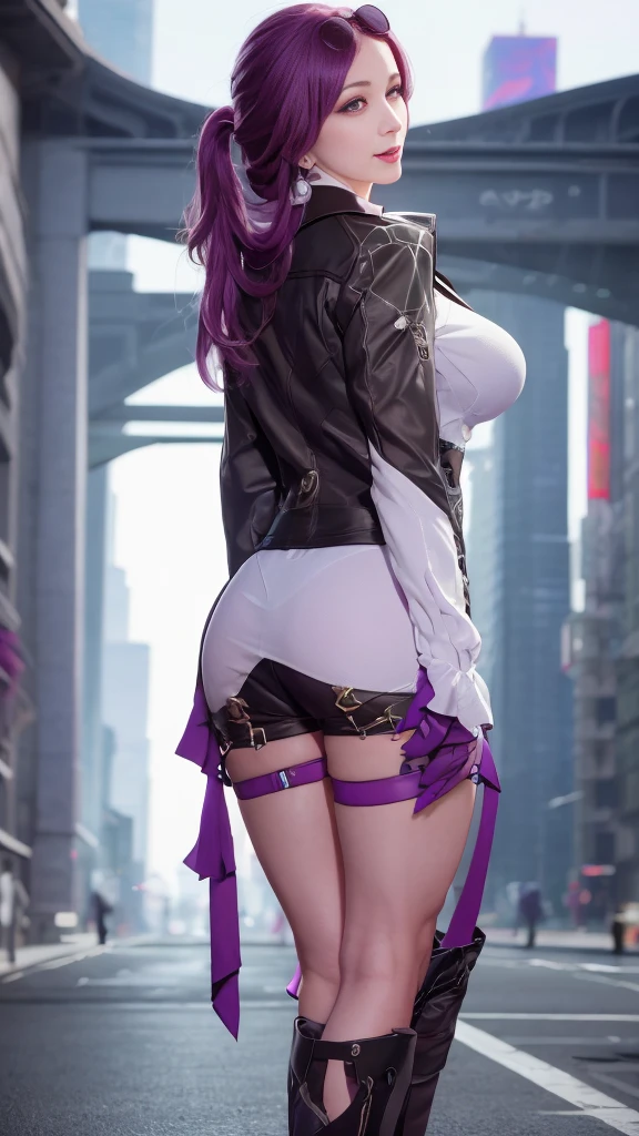 masterpiece, best quality, purple hair, (purple eyes:1.2), light, realistic, photo, science_fiction, huge_filesize, in the cyberpunk city, steam, masterpiece,best quality,official art, extremely detailed CG unity 8k wallpaper, girl, solo, bishoujo, incredibly_absurdres, big breasts, long shot, full body, mischievous laugh, (((cinematic look)))huge voluptuous perky breasts, deep cleavage, thick thighs) looking back, backside , big round buttocks 