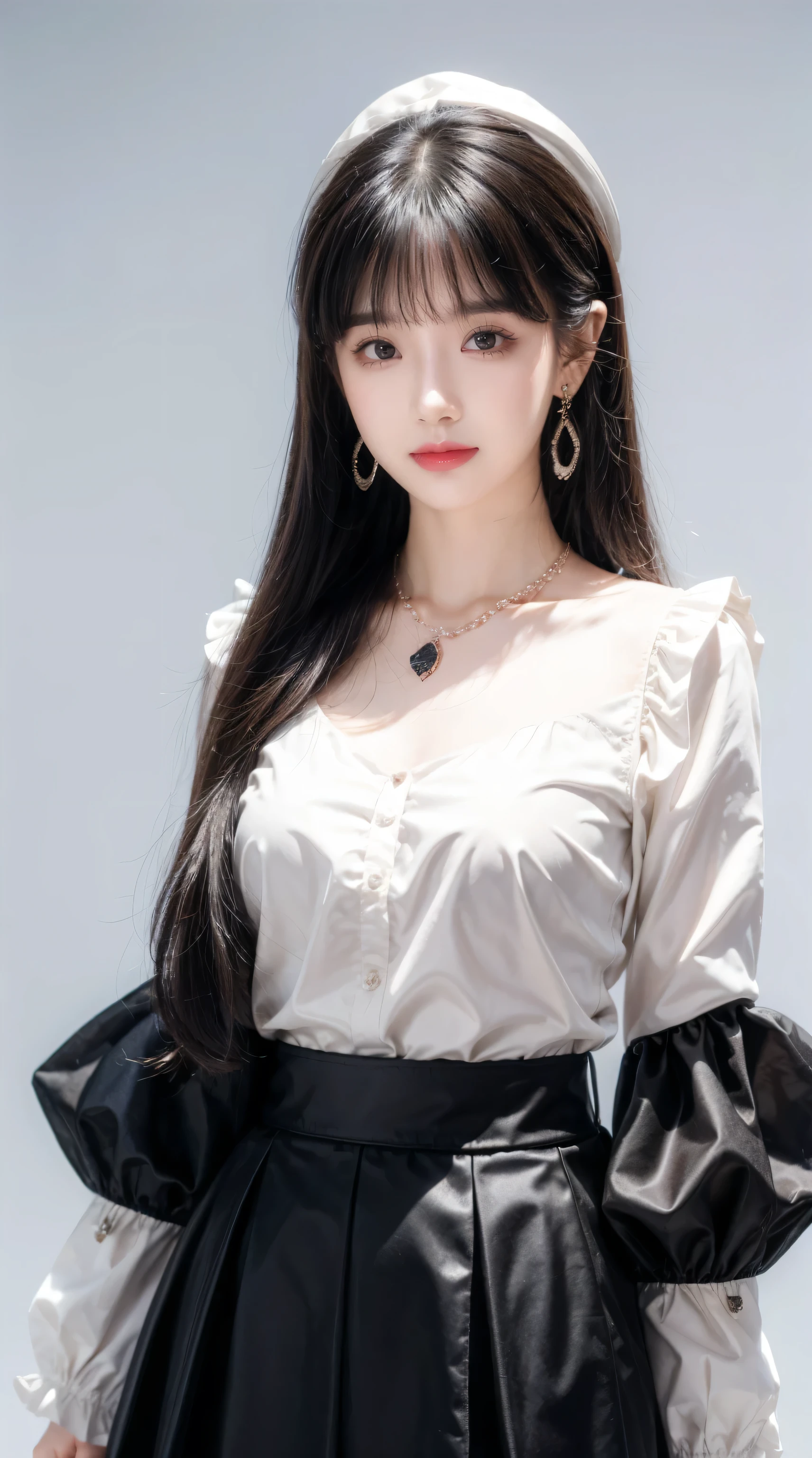 Mayuzumi Fuyuko, 1 girl, alone, black hair, have, decorations, long hair, look at viewer, smooth, earring, skirt, white background, smile, shirt, พื้นหลังที่smoothง่าย, heart earring, long sleeve, heart, black hat, black shirt, frilled choker, chest, brown eyes, choker, blunt smooth, upper body, beret hat, medium chest, brown skirt, court, nail polish, ribbon, red nails, gag, animal print, Blush, แขนcourt, leopard print, neck ribbon, own hands together