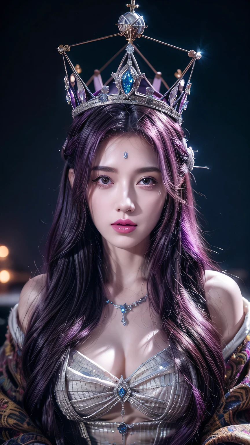 Purple-haired woman (Wearing a crown), (octane, Houdini, Visual effects, Make, detailed, 4K ), author: samdoesarts,
