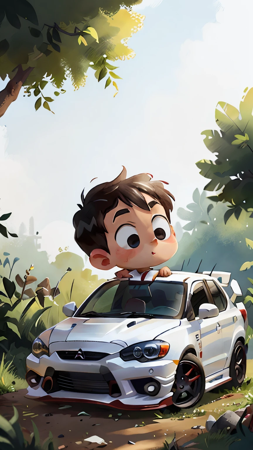 A boy in a white Mitsubishi Evo