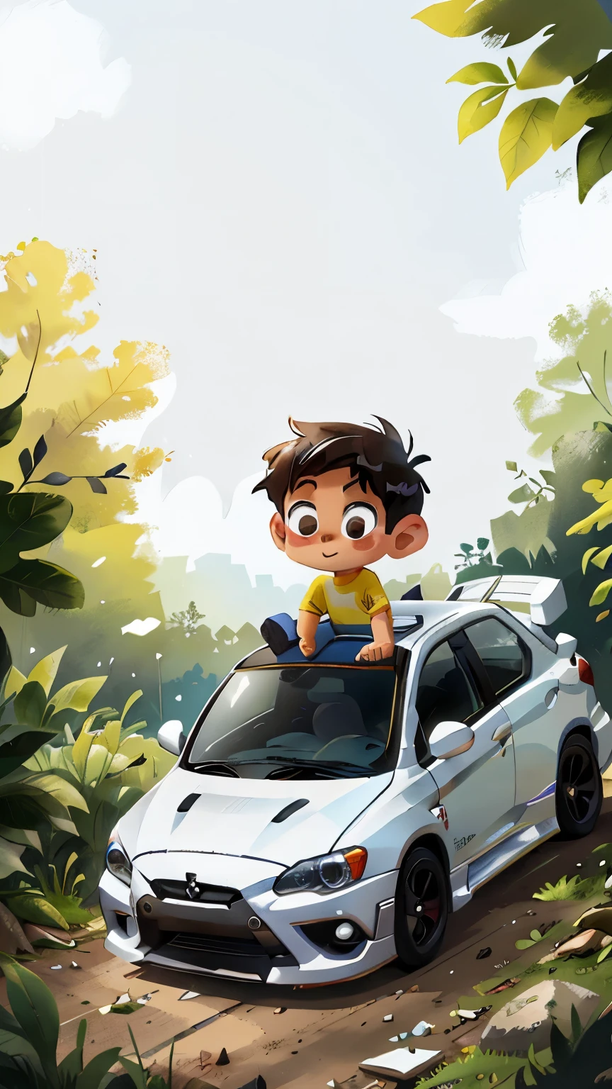 A little boy in a white Mitsubishi Evo