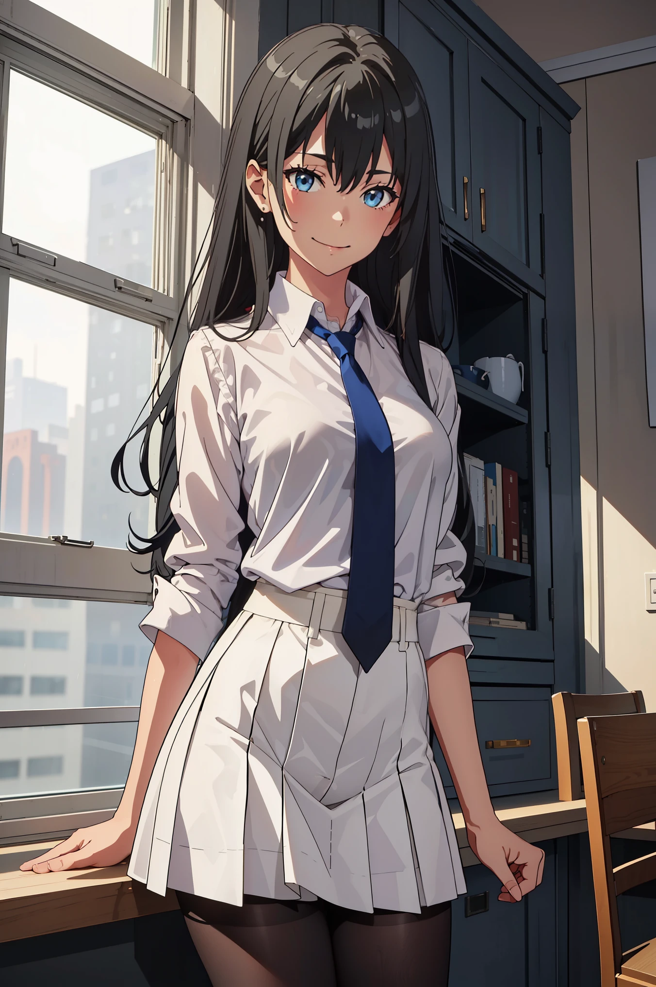 ((best quality)), ((masterpiece)), (detailed) 1girl 1girl, ;\), blurry, blurry_background, breasts, , hair_long , looking_at_viewer, ok_sign, one_eye_closed, open_hand, Yukinoshita Yukino ,Woman wearing office clothes, 1girl, solo, blue necktie, Black hair, eyes blue, long hair, smile , collared shirt, white skirt, white shirt , Stand in front of a window, soft thighs ,pantyhose, full body