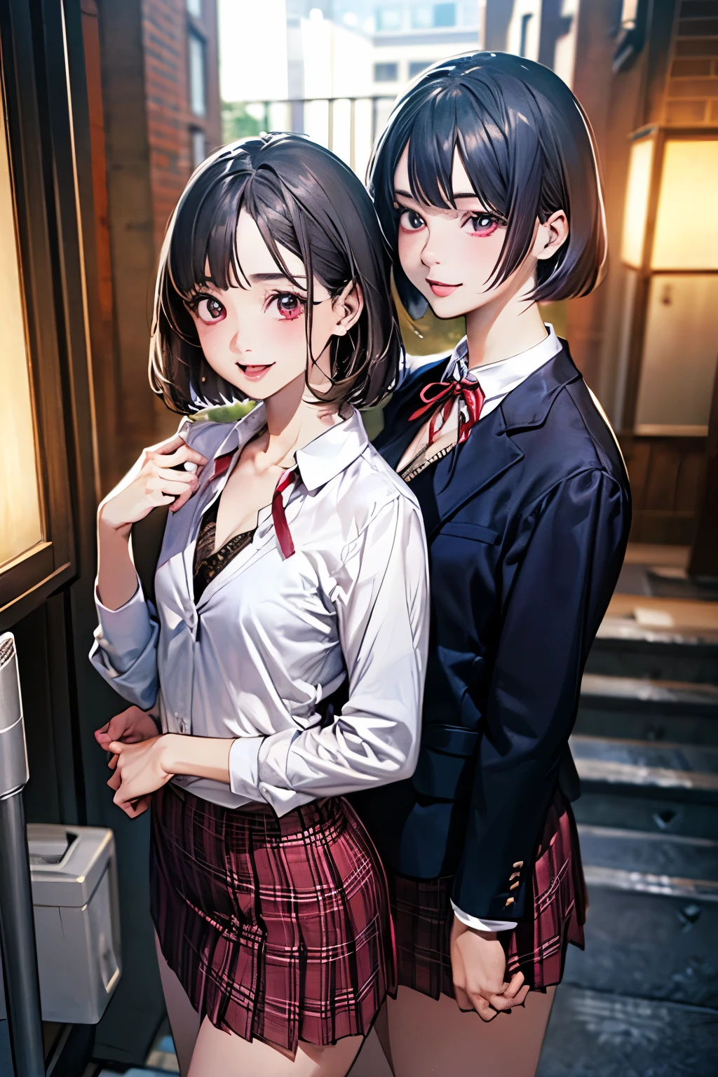 (masterpiece:1.3, highest quality), (Realistic, photoRealistic:1.4), Beautiful illustrations, (Natural Side Lighting, Cinema Lighting), Written boundary depth,
View your audience, 1 girl, Japanese, high school girl, Perfect Face, Cute and symmetrical face, Shiny skin,
(short hair:1.3, Double good:1.2, Light blue hair), Crossed bangs, Pink Eyes, Long eyelashes, (Medium Chest, Medium Bob, Medium sized butt), thin, Cleavage, clavicle,
Beautiful Hair, Beautiful Face, Beautiful details, 美しいclavicle, Beautiful body, Beautiful breasts, Beautiful thighs, Beautiful legs, Beautiful fingers,
((The rooms are expensive , Black blazer, White collared shirt, Red ribbon check skirt, Unbuttoned shirt, unbuttoned blazer)),
(Beautiful views), evening, (school gate), walking, (Cute Smile, Upward glance, Small with open mouth),
