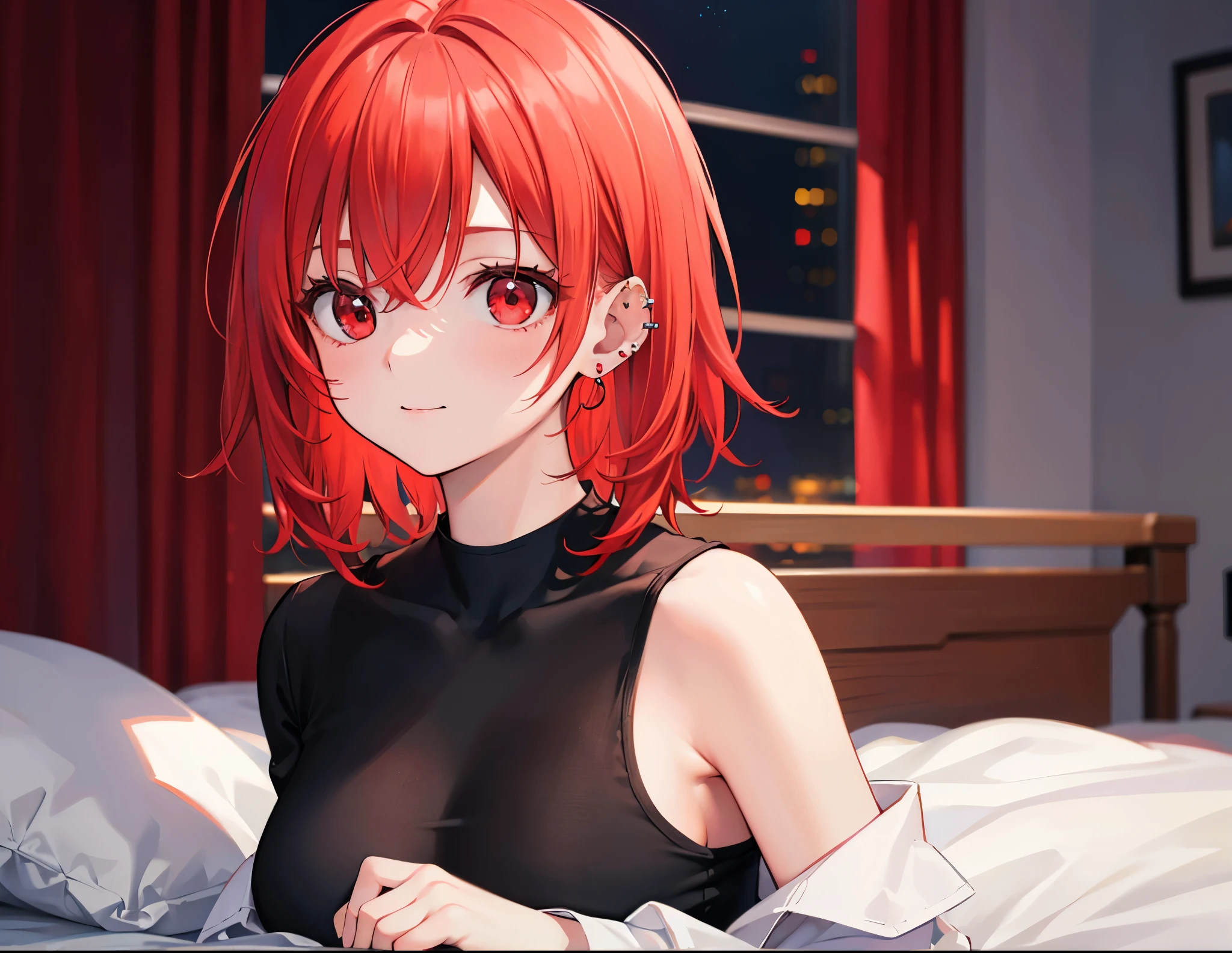 Realistic,highest quality, Ultra Detail, High-quality CG rendering, The most delicate and beautiful, Floating softly, High resolution, (1 girl), (Highest quality,4K,8K,masterpiece:1.2),(All red hair:1.5), (Medium Hair:1.5),(Red eyes:1.5),(Slightly larger breasts:1.5),(Black oversized long sleeve t-shirt:1.3),(Piercing in left ear:1.3),Inside the room,smile,bed,bedに座る