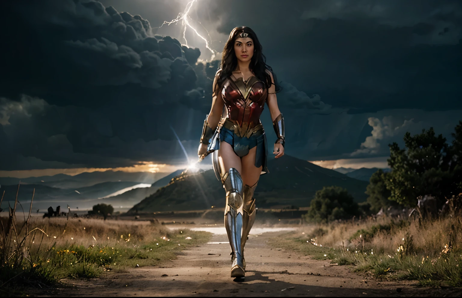 the incredible wonder woman walking epically on a path surrounded by small rays of light that gently rise above her feet, and in the background a magical landscape of clouds forming a lightning bolt is visible.