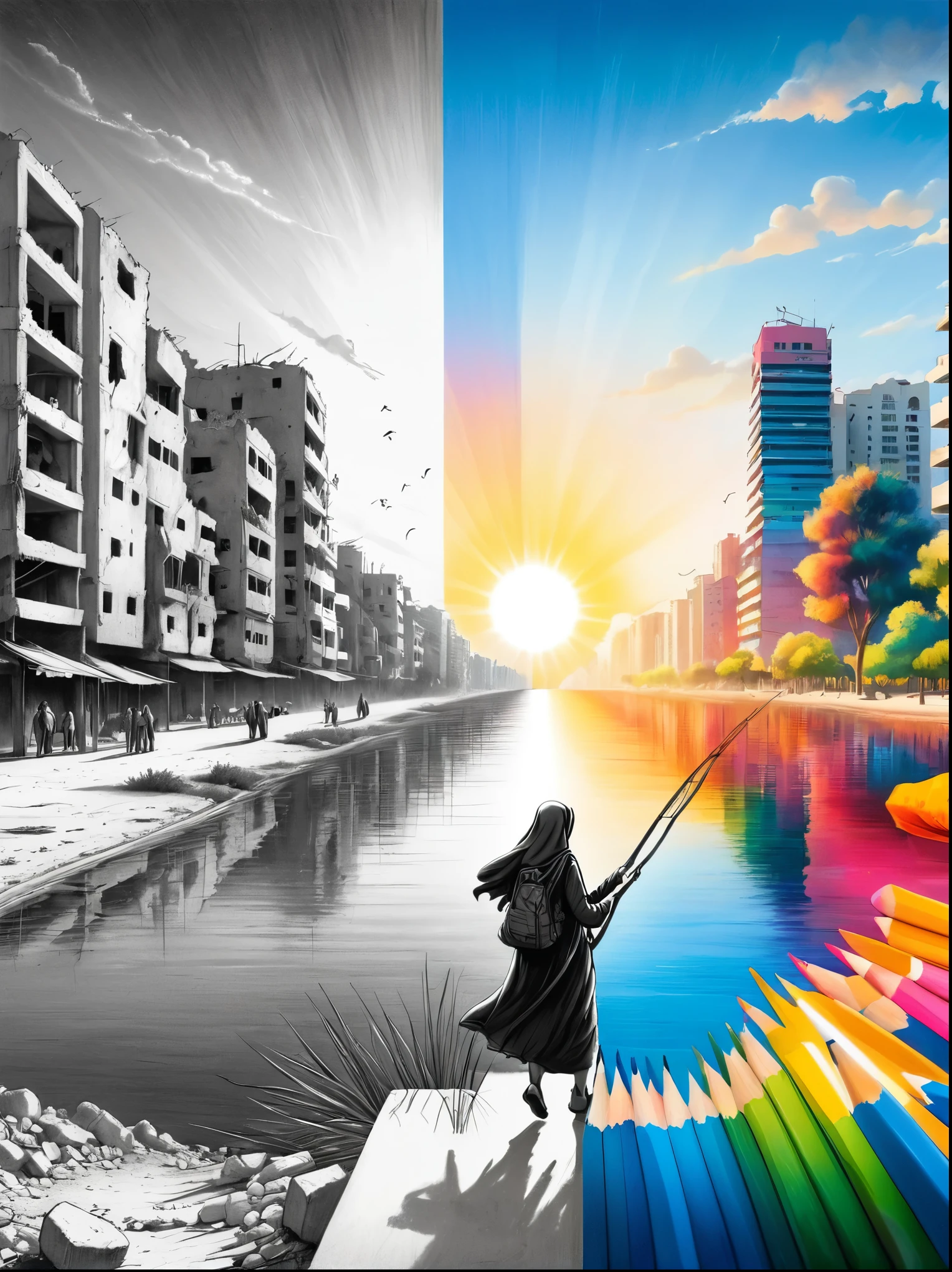 (The left half is a black and white line drawing of the war-torn city of Gaza:1.3), (On the right half is a beautiful and pleasant Israeli city with tall buildings, bright sunshine and bright colors:1.5), excellent quality, Detailed background, The art of math, ((The artwork should transition from a pencil drawing style in black and white on the left half to vibrant colors on the right half, Ensure a seamless integration between the two halves without any dividing line, with the left side featuring detailed black and white pencil strokes and the right side filled with colors, creating a harmonious blend across the image))