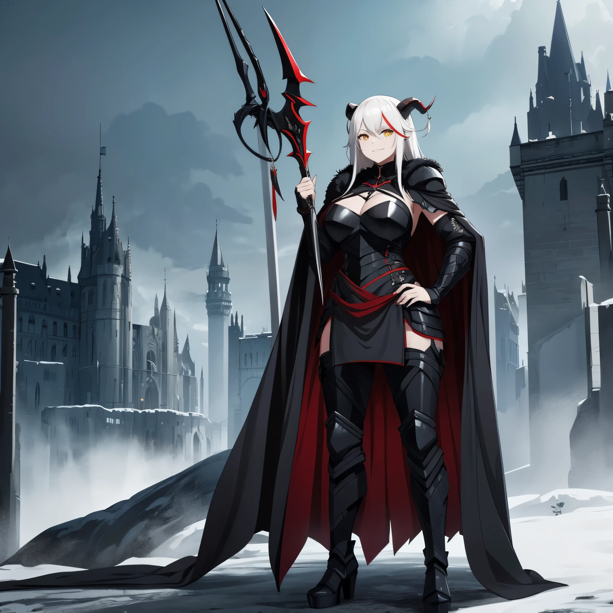 A woman wearing black heavy armor, black metal boots, black metal bracelet, long white hair, a red fringe, yellow eyes, horns, horns on the armor's shoulder pads, a large black fur cape, smiling, full body, standing standing on a platform of a large castle, at the bottom of the castle, holding a personalized red sword,Surrealism, drop shadow, atmospheric perspective, bloom, 8k, super detail, ccurate, best quality, UHD, anatomically correct, textured skin, high quality, highres, best quality ( solo woman)