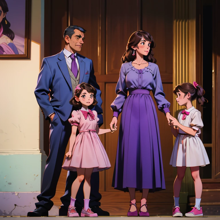 There are family of four. A father who's wearing a formal shirt, and a mother who's wearing a beautiful dress. They have 2 beautiful teenager daughters, the older one is wearing purple and one is wearing a beautiful pink dress and a very cute shoes with ribbon. They all have brown hair