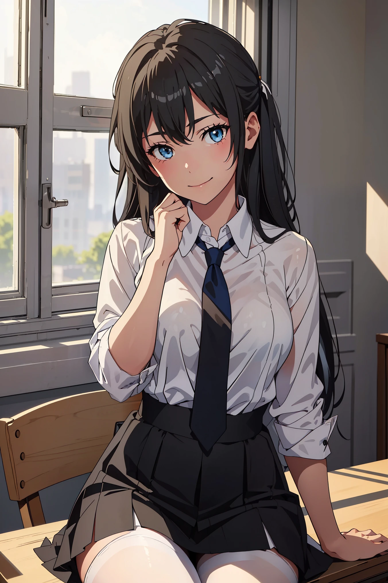 ((best quality)), ((masterpiece)), (detailed) 1girl 1girl, ;\), blurry, blurry_background, breasts, , hair_long , looking_at_viewer, ok_sign, one_eye_closed, open_hand, Yukinoshita Yukino ,Woman wearing office clothes, 1girl, solo, blue necktie, Black hair, eyes blue, long hair, smile , collared shirt, white skirt, white shirt , Sitting in front of a window, soft thighs ,pantyhose, full body, legs open wide, Piledriver