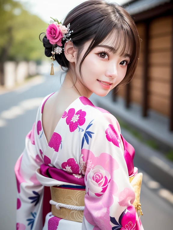 (highest quality:1.5)、(Real:1.5)、(1 person:1.5)、Buckshot、Medium Shot、Looking back pose、(Very detailed)、(High resolution)、8k、Small breasts、Natural color lip、Cute smile、Japanese women、20 year old girl、Thin eyebrows、Beautiful and elegant face、Cute face、Cute eyes、Big eyes、Big Eyes、Fair skin、Beautiful and elegant face、Natural Bangs、Beautiful and thin nose、 Beautiful Skin、Medium Bob Hair、Natural Bangs、Perfect and beautiful facial features、Slim face and figure、（With a cute expression）、（Bright lighting）、Professional Lighting、（Lighting from the front）、Adorable smile、cute、Beautiful shoulders、Simple Background、Outdoor、Poses that show off your beautiful back、振袖付きkimono、振袖付きcutekimono、(cutekimono)、(cutekimono)、Beautiful shoulders甲骨、Upper Body、美しい和柄のkimono、cute和柄の帯、kimono、