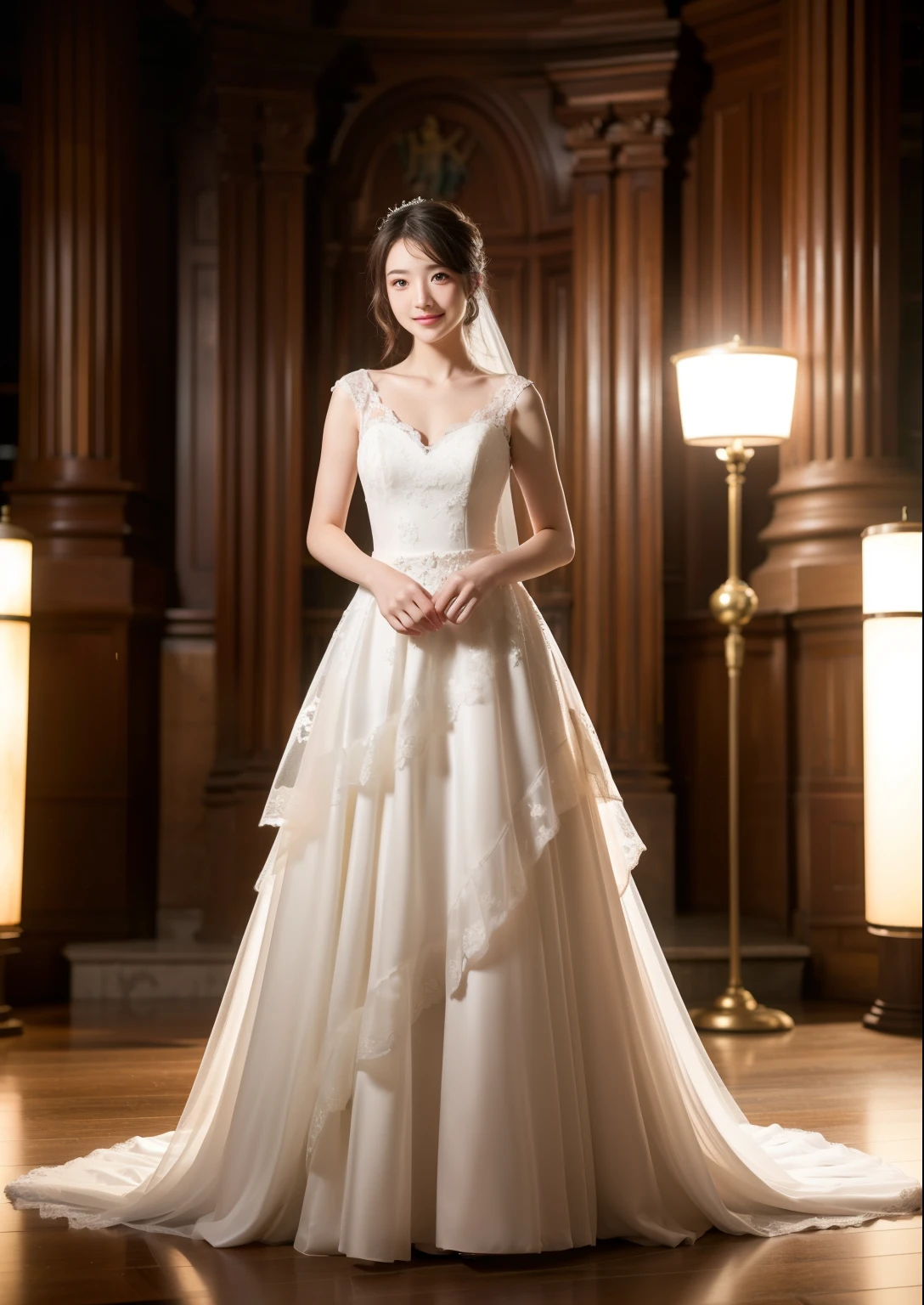 Beautiful 19 year old woman。She is wearing a summer wedding dress. She is shying and smiling on illuminated by the evening church lights . romantic sunset. her dark brown hair. High resolution、masterpiece、highest quality、頭w:1.0、((Hasselblad Photos))、fine skin、(movie lighting)、clavicle . full body picture.