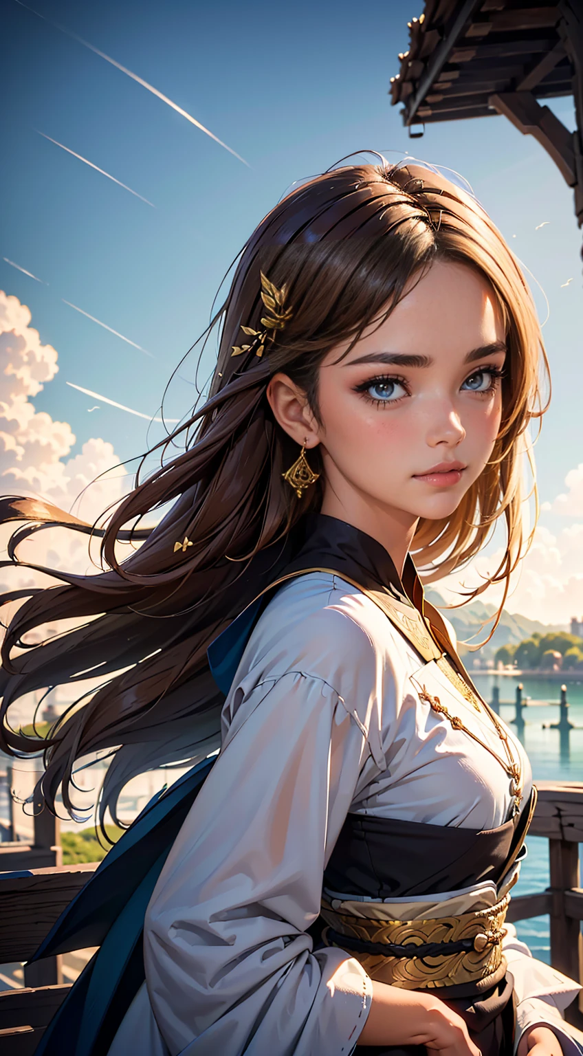 ((Obra maestra, of the highest quality, detalle asombroso, contrata)), a beautiful brunette girl stands in front of a bridge, (Cara ultra detallada), wearing priest&#39;s robes, besado por el Sol, fantasy background, high fantasy, Estudio Ghibli, miyazaki 